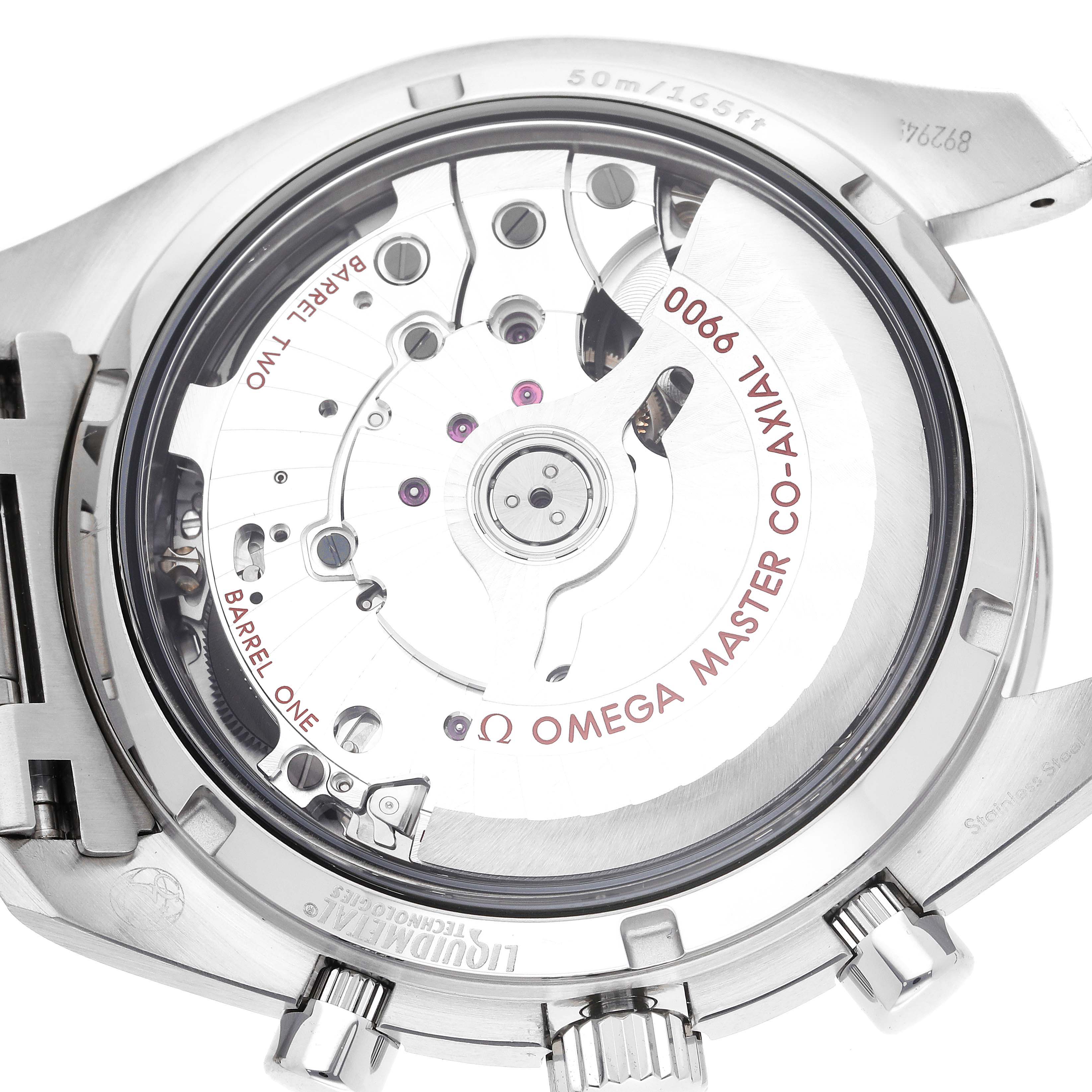 This image shows the back view of an Omega Speedmaster 329.30.44.51.06.001 Men's Stainless Steel Silver Dial 329.30.44.51.06.001 Men's Stainless Steel Silver Dial watch, focusing on its exposed movement and mechanisms.