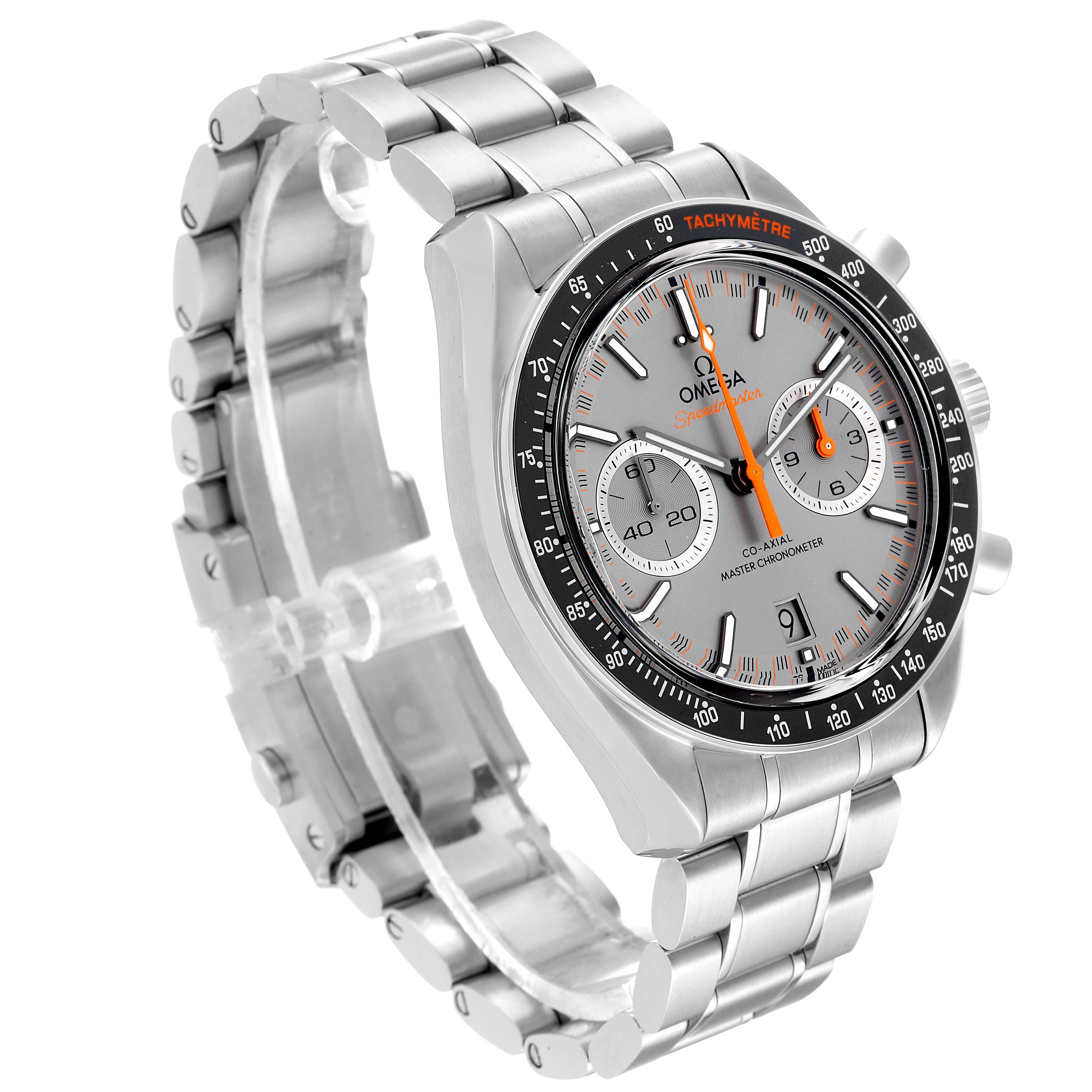 This is a close-up angled view showing the face, bezel, and bracelet of the Omega Speedmaster 329.30.44.51.06.001 Men's Stainless Steel Silver Dial 329.30.44.51.06.001 Men's Stainless Steel Silver Dial watch.