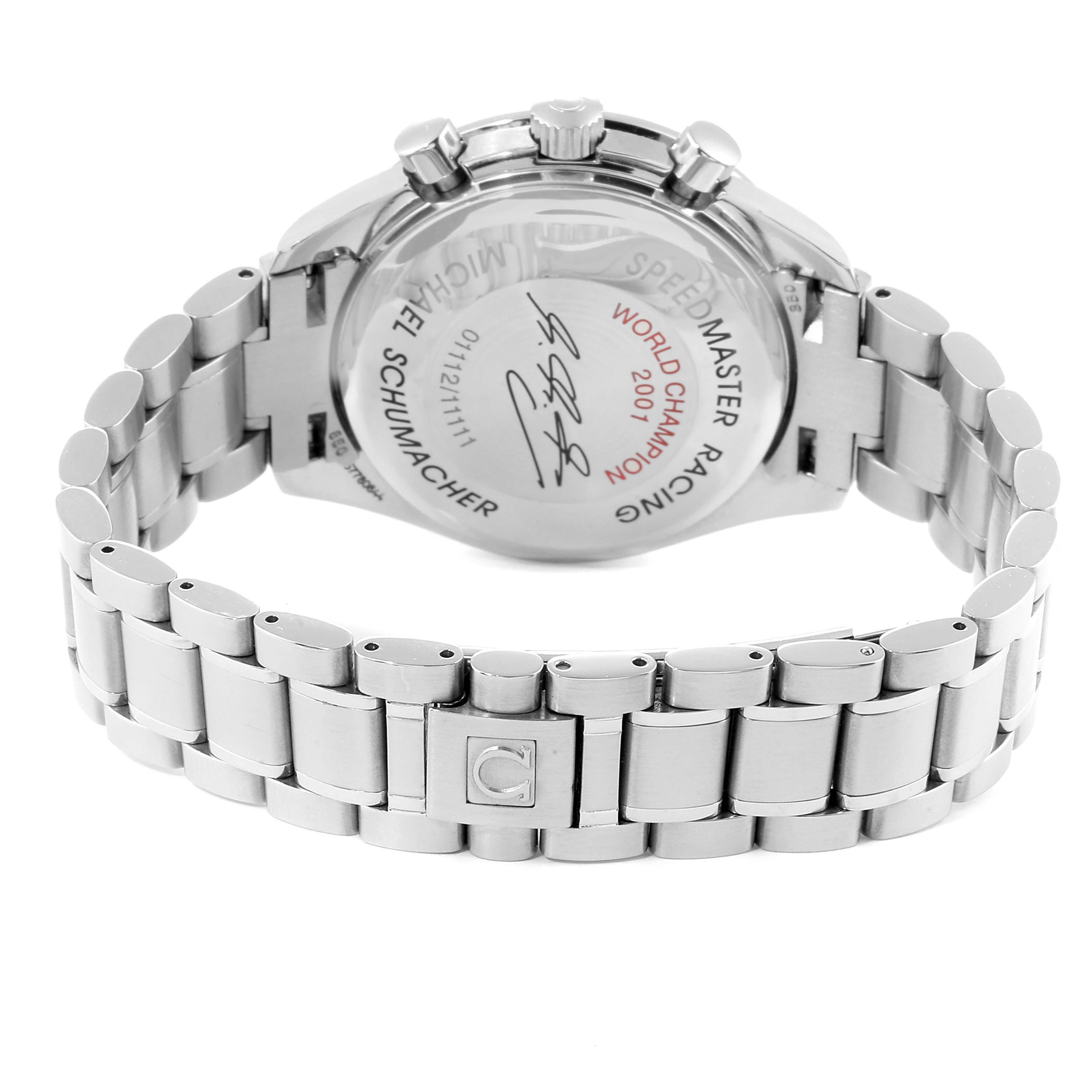 This image shows the back view of an Omega Speedmaster 3519.50.00 Men
s Stainless Steel Black Dial 3519.50.00 Men
s Stainless Steel Black Dial watch with a stainless steel bracelet and an engraved case back.