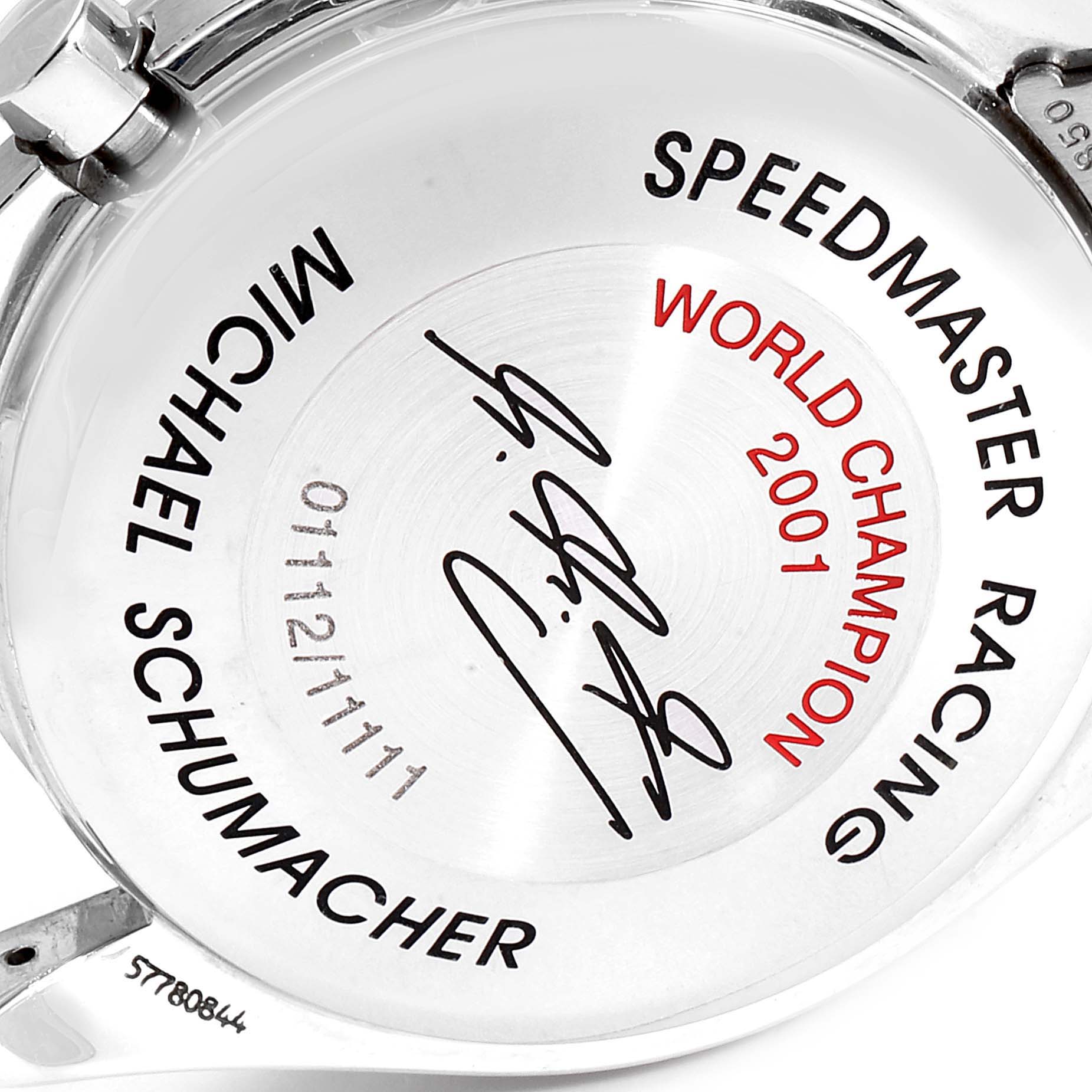 The image shows the engraved case back of an Omega Speedmaster 3519.50.00 Men
s Stainless Steel Black Dial 3519.50.00 Men
s Stainless Steel Black Dial Racing watch, commemorating a 2001 championship.