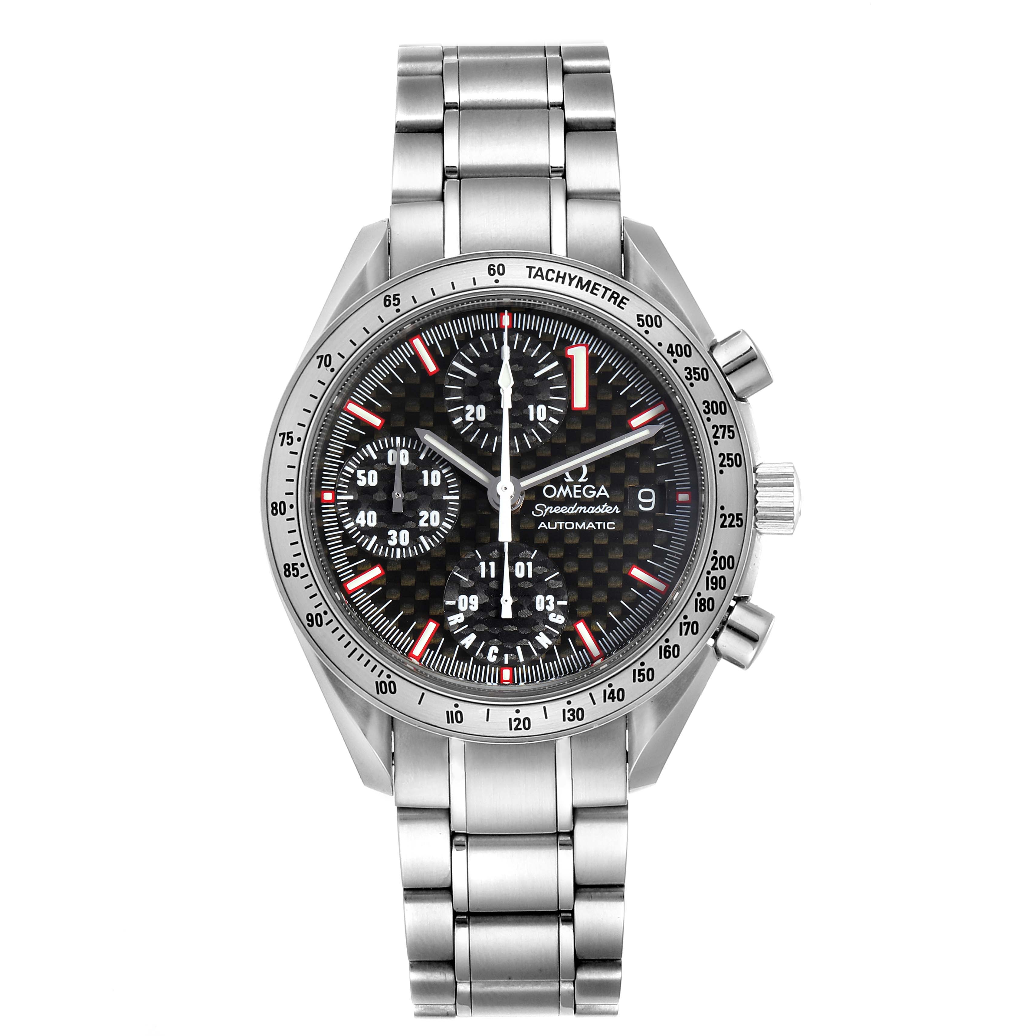 The image shows a front view of the Omega Speedmaster 3519.50.00 Men
s Stainless Steel Black Dial 3519.50.00 Men
s Stainless Steel Black Dial watch, displaying its dial, bezel, chronographs, and bracelet.