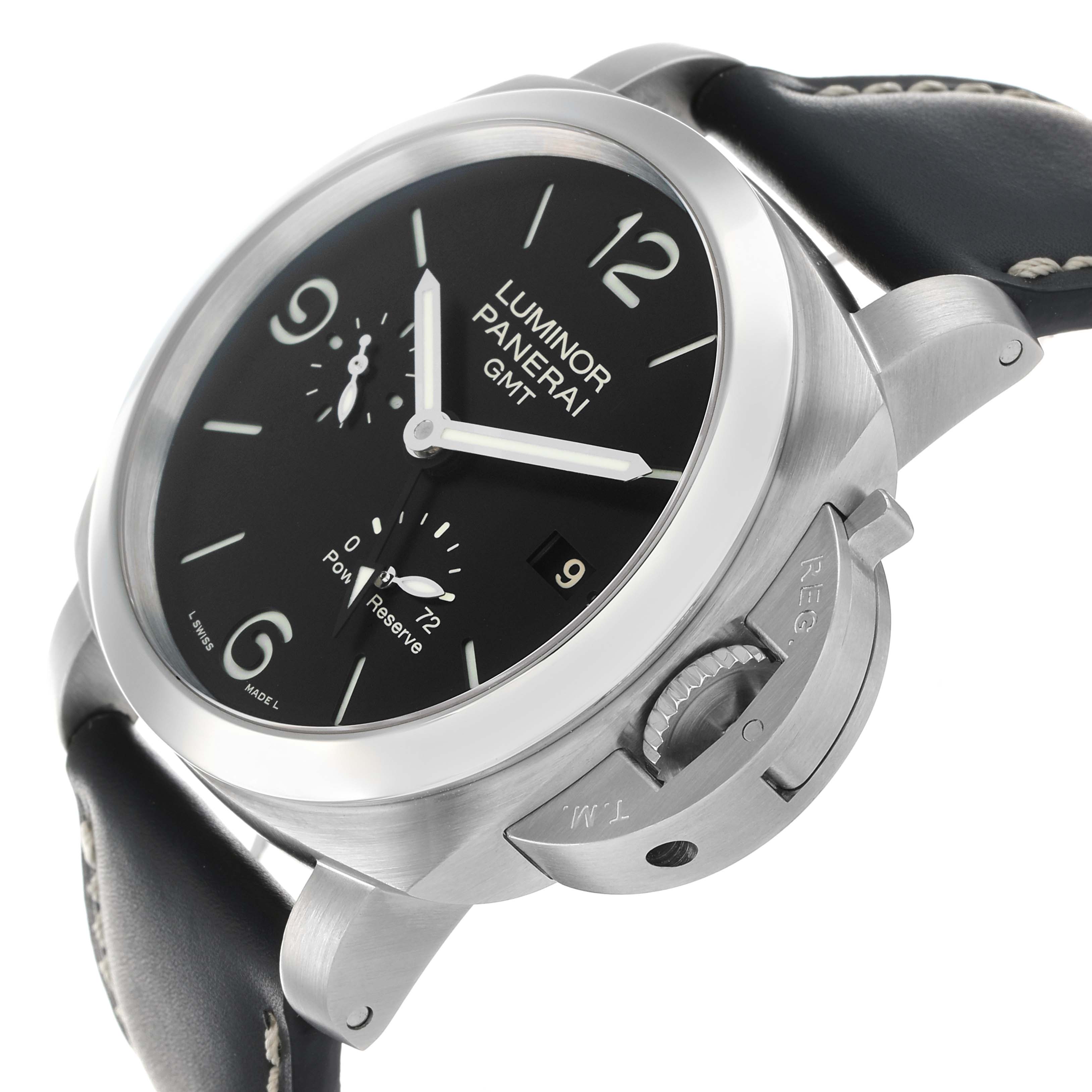 The Panerai Luminor PAM00321 Mens Stainless Steel Black Dial watch is shown from a side angle, highlighting the crown guard, dial, and strap attachment.