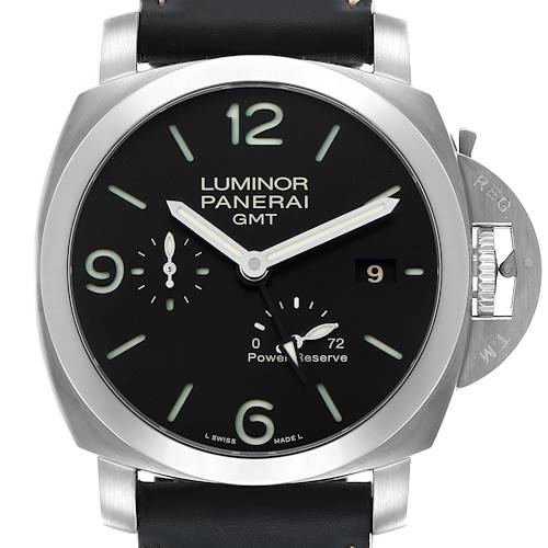 The Panerai Luminor PAM00321 Mens Stainless Steel Black Dial watch is shown from the front, displaying the dial, hands, crown guard, and power reserve indicator.