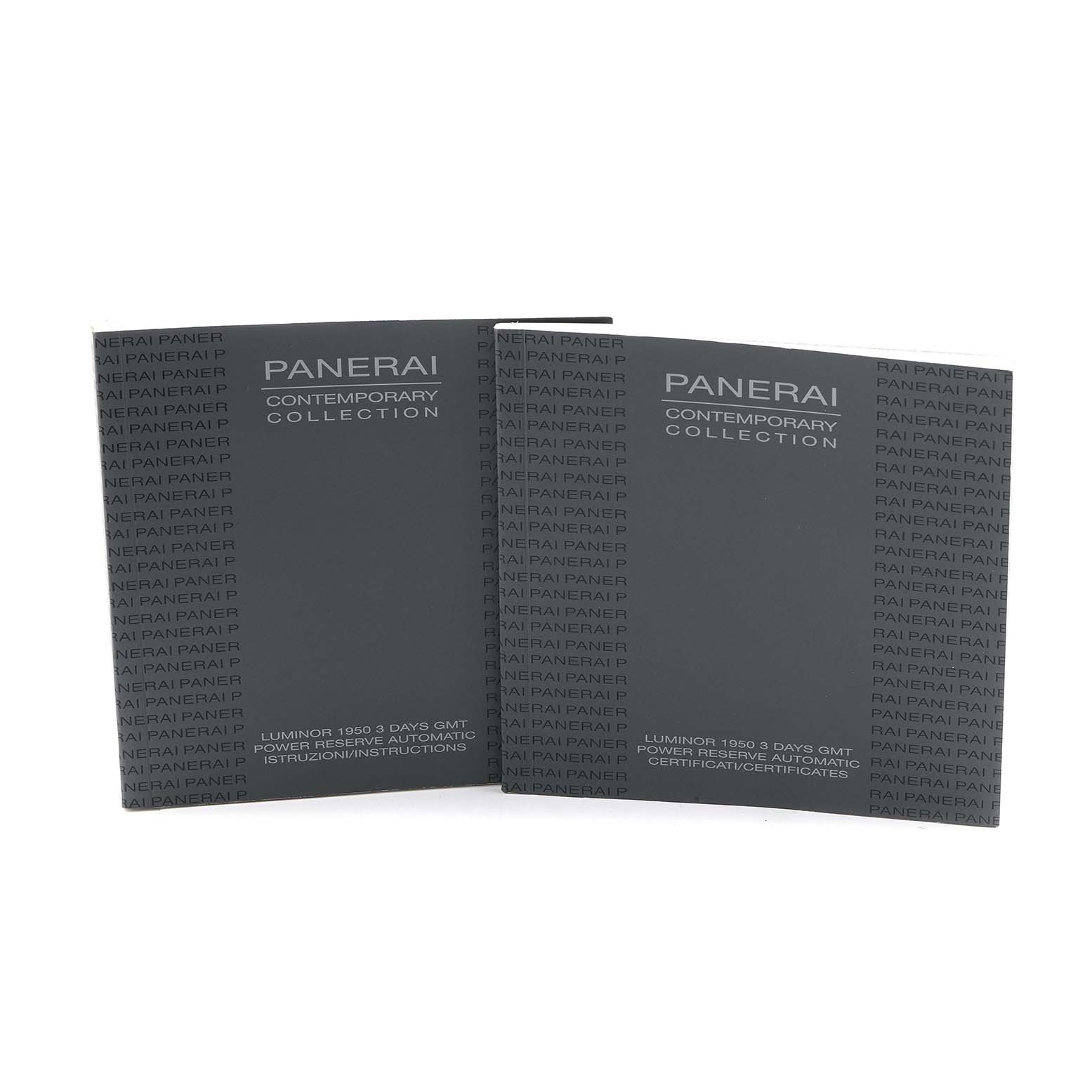 The image shows instruction and certificate booklets for a Panerai Luminor PAM00321 Mens Stainless Steel Black Dial 1950 3 Days GMT watch.