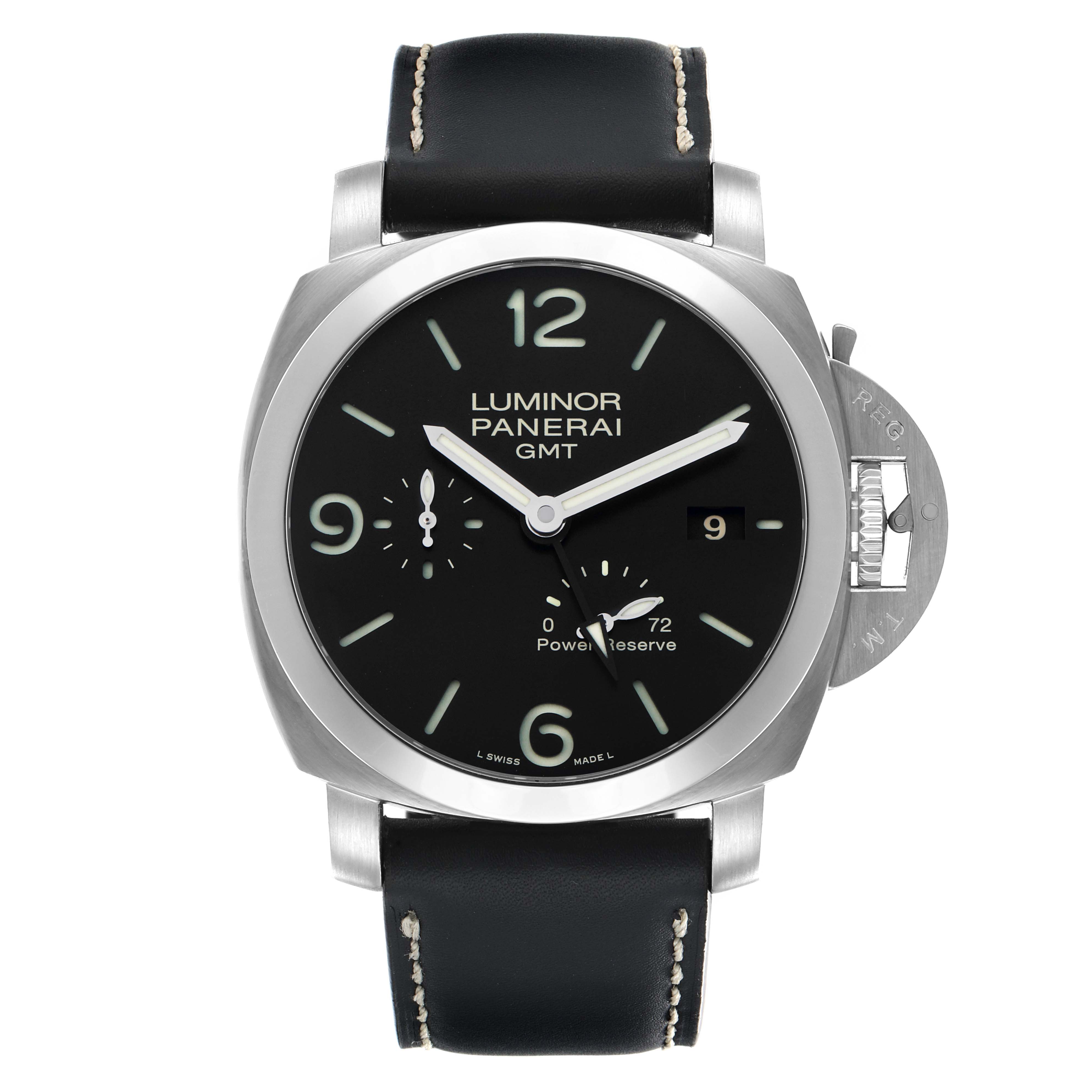 The Panerai Luminor PAM00321 Mens Stainless Steel Black Dial watch is shown from a front angle, highlighting the dial, hands, power reserve indicator, and crown guard.