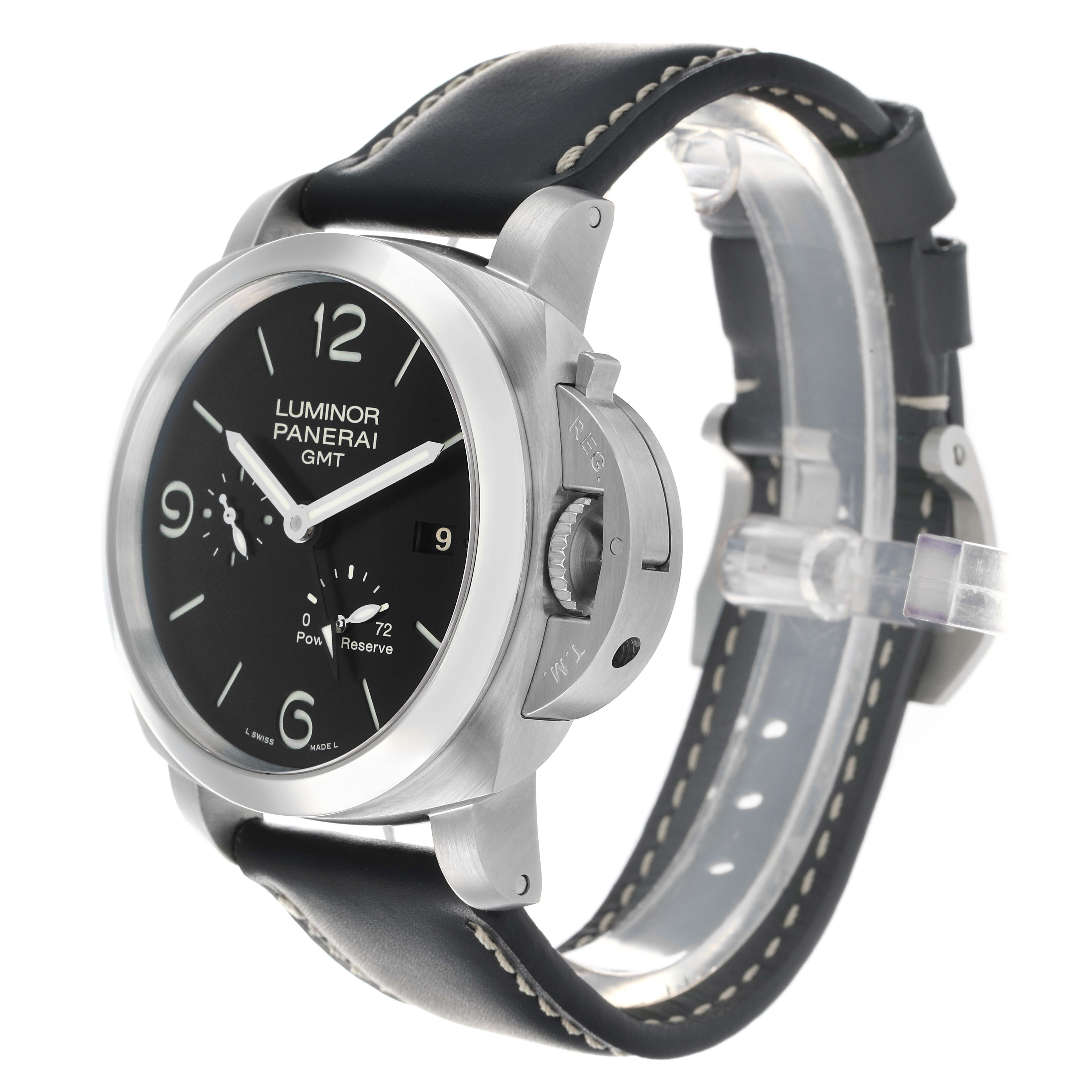 The Panerai Luminor PAM00321 Mens Stainless Steel Black Dial watch is shown at an angled side view, highlighting the face, crown guard, and leather strap.