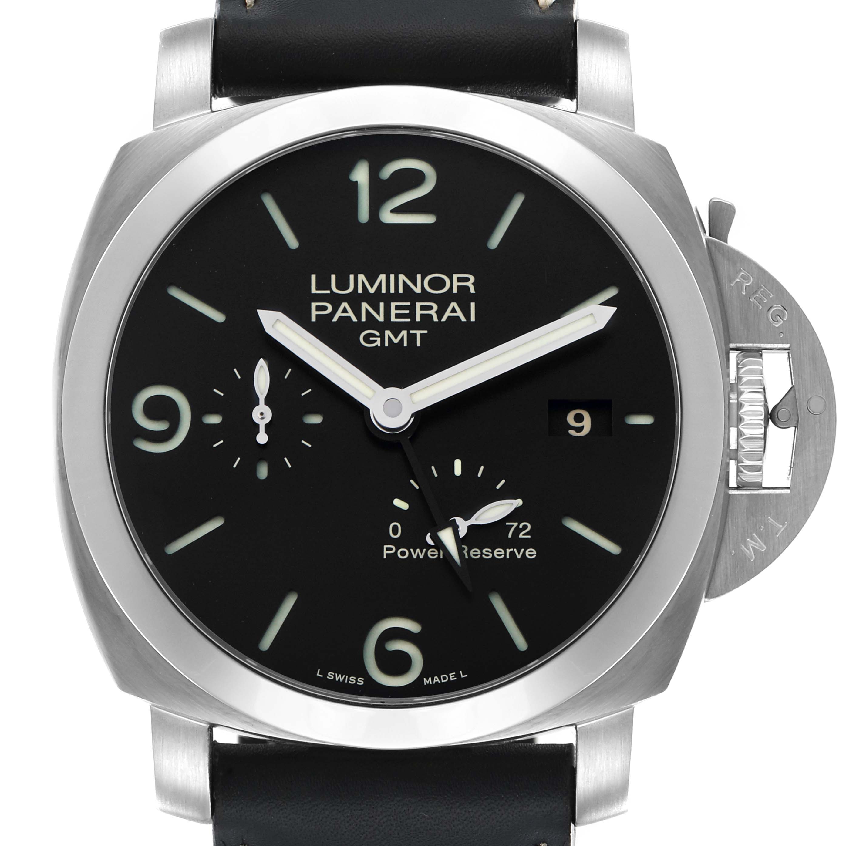 The image shows a front view of the Panerai Luminor PAM00321 Mens Stainless Steel Black Dial watch, highlighting the dial, crown guard, and strap attachment.