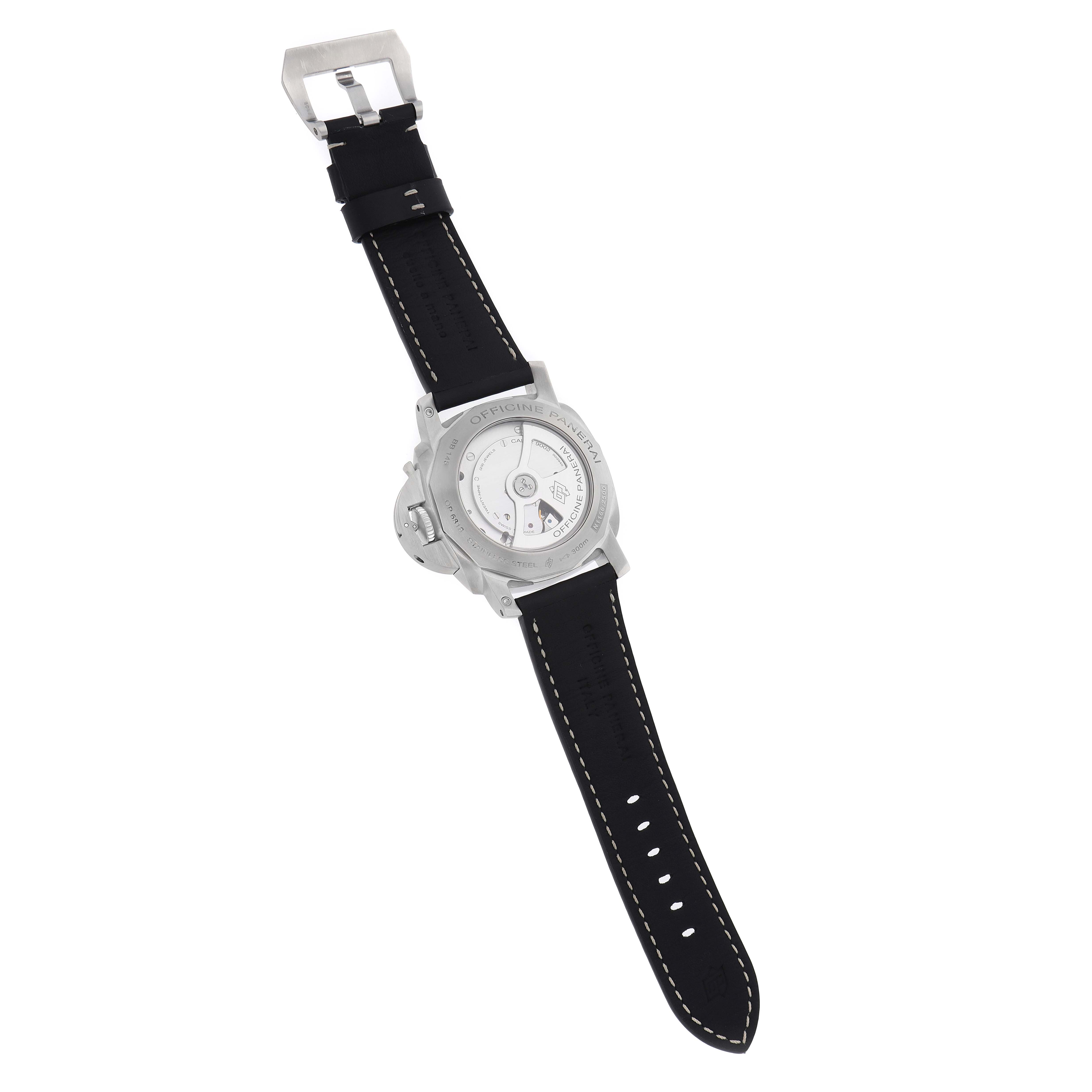 The Panerai Luminor PAM00321 Mens Stainless Steel Black Dial watch is shown from the rear, displaying the case back, strap, and buckle.
