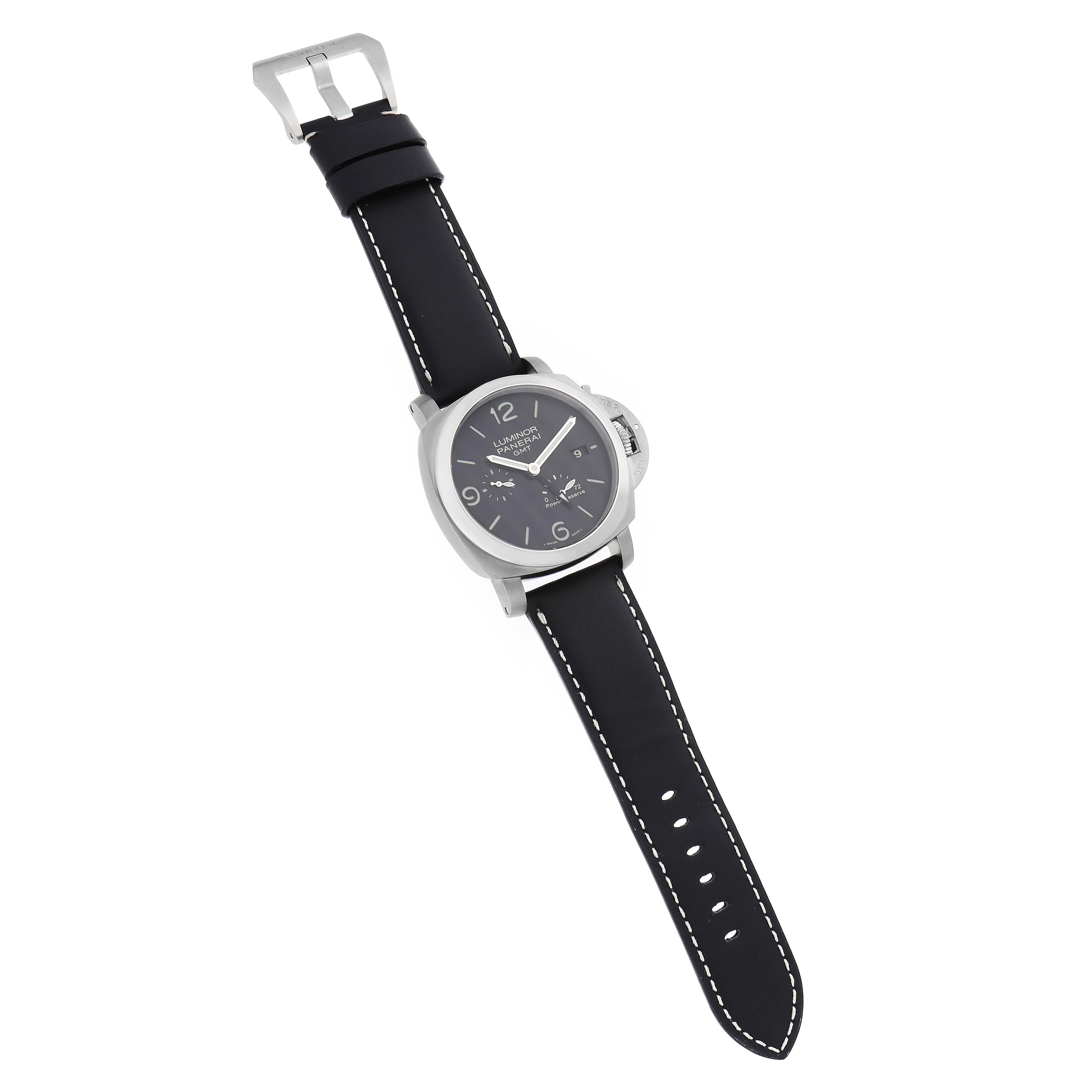 The Panerai Luminor PAM00321 Mens Stainless Steel Black Dial watch is shown from a top view, displaying the face, strap, and buckle.
