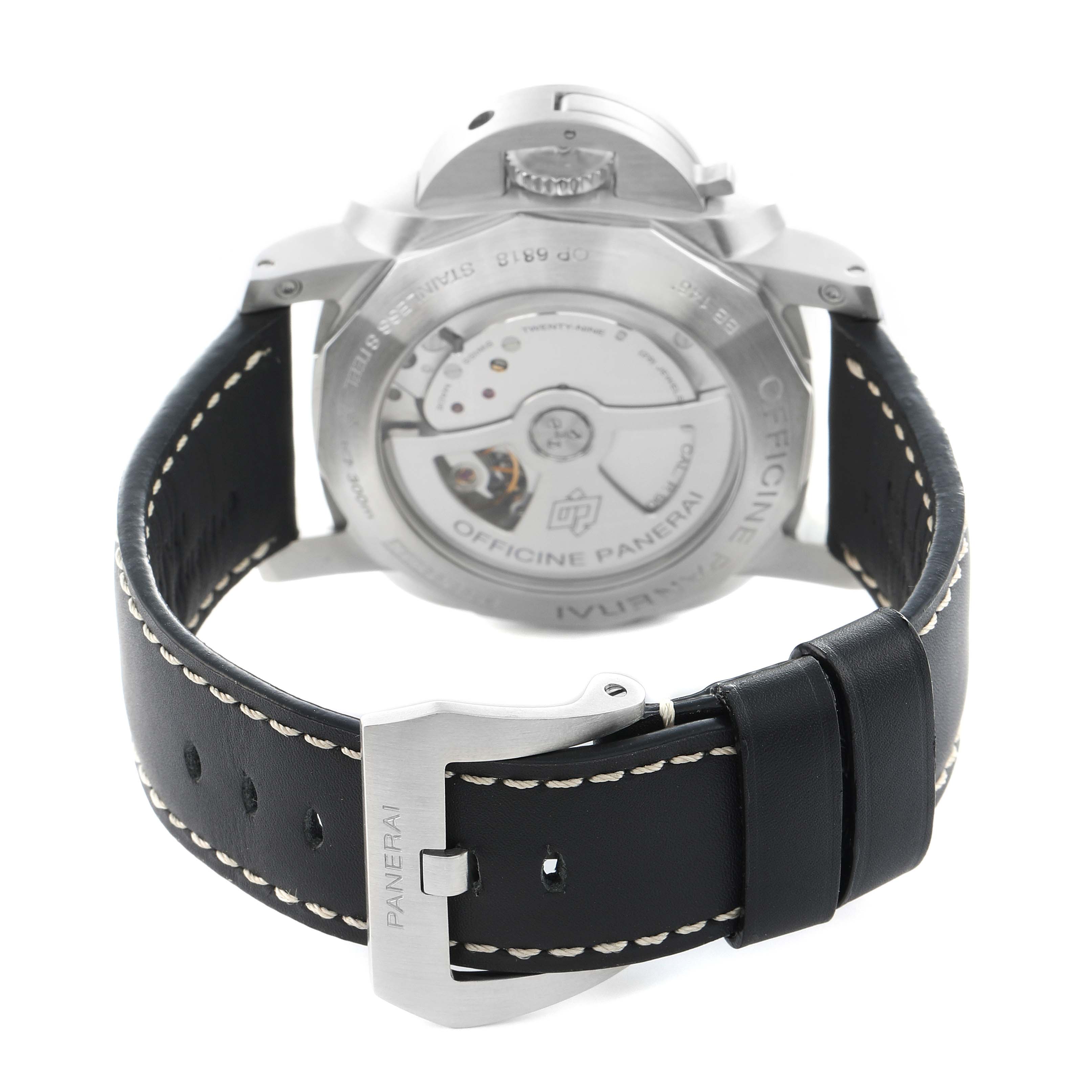 The image shows the back view of a Panerai Luminor PAM00321 Mens Stainless Steel Black Dial watch, highlighting the exhibition case back and leather strap with buckle.