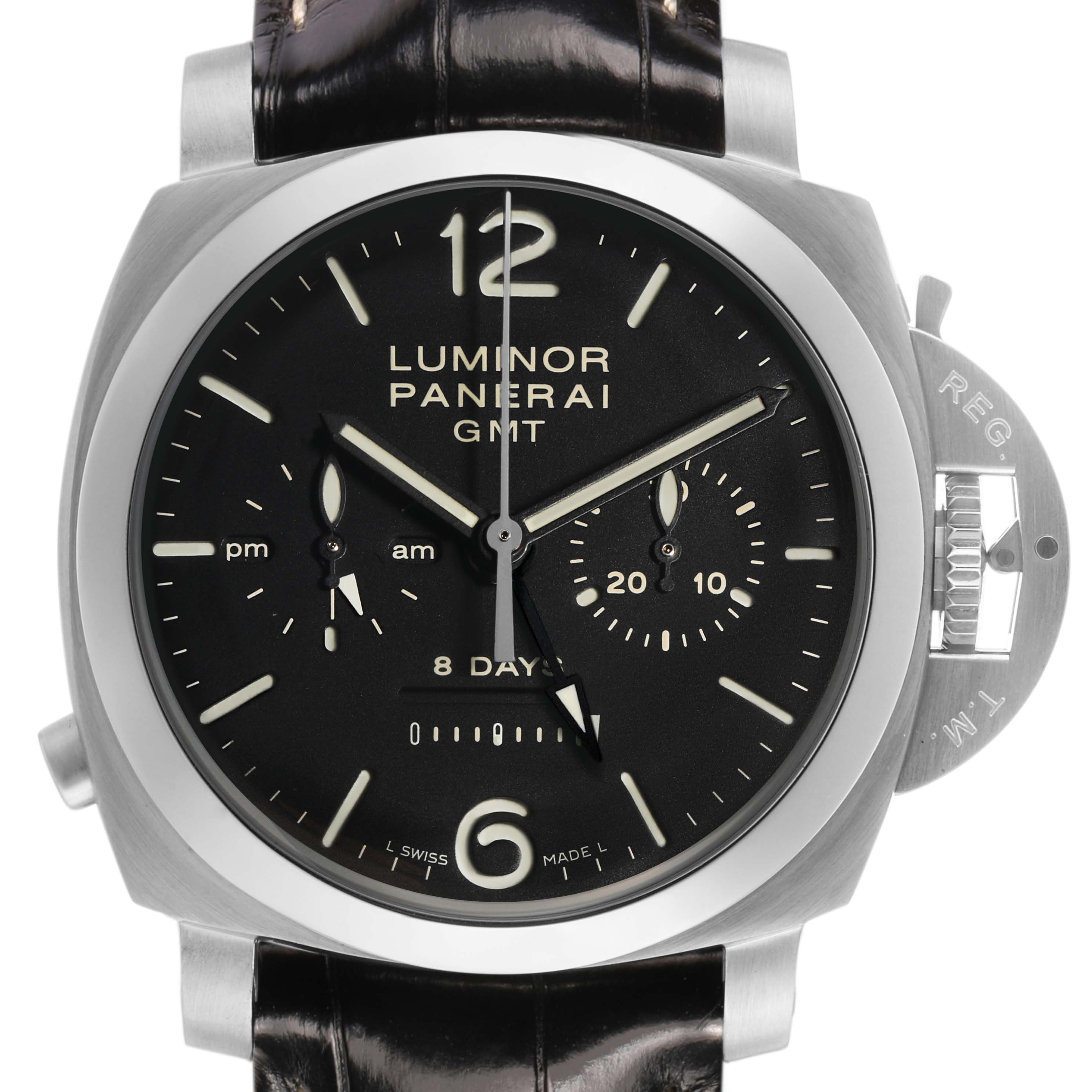 This image shows a front view of the Panerai Luminor PAM00275 Men's Stainless Steel Black Dial GMT watch featuring a crown guard and leather strap.