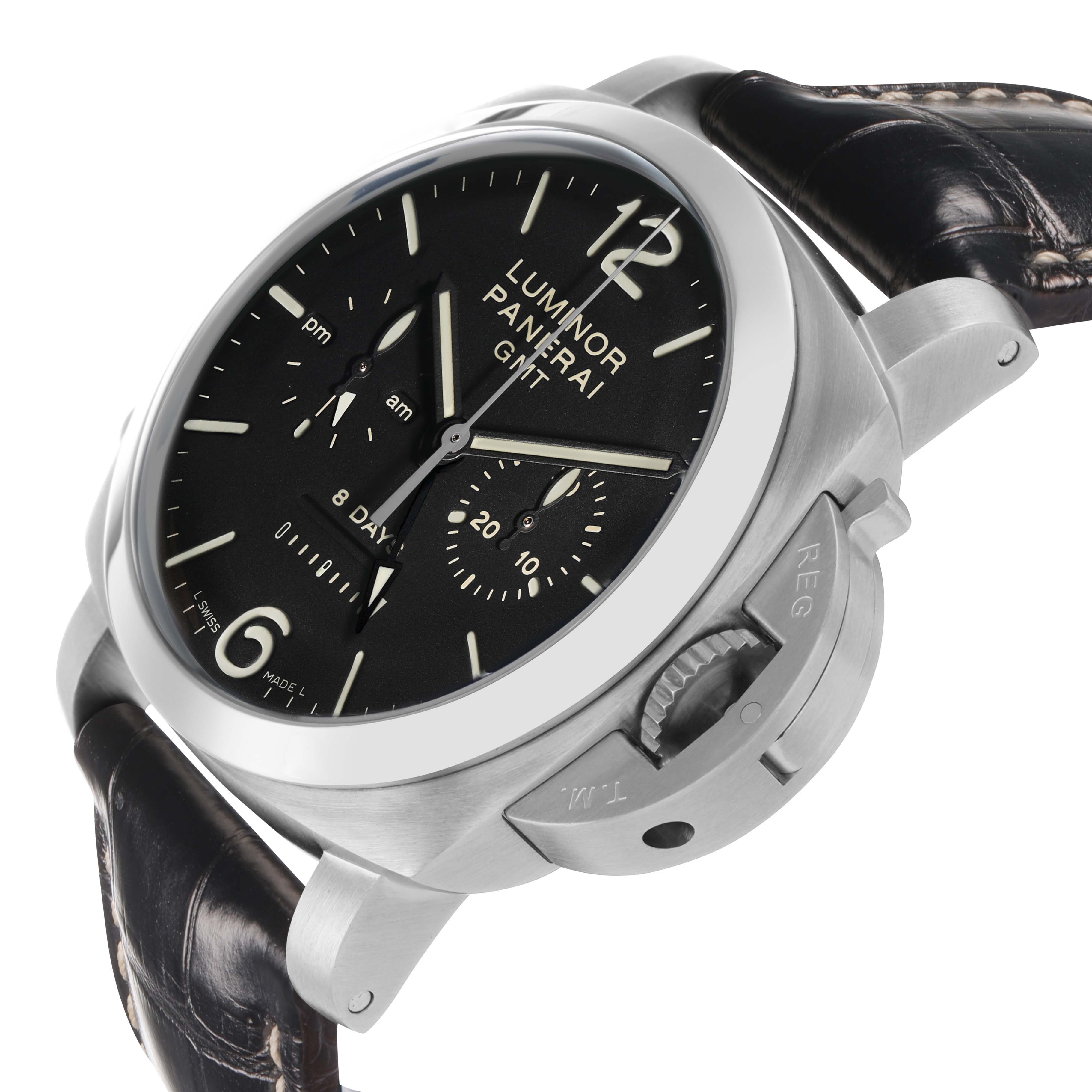 The Panerai Luminor PAM00275 Men's Stainless Steel Black Dial watch is shown at an angled view, highlighting the face, crown guard, and leather strap.