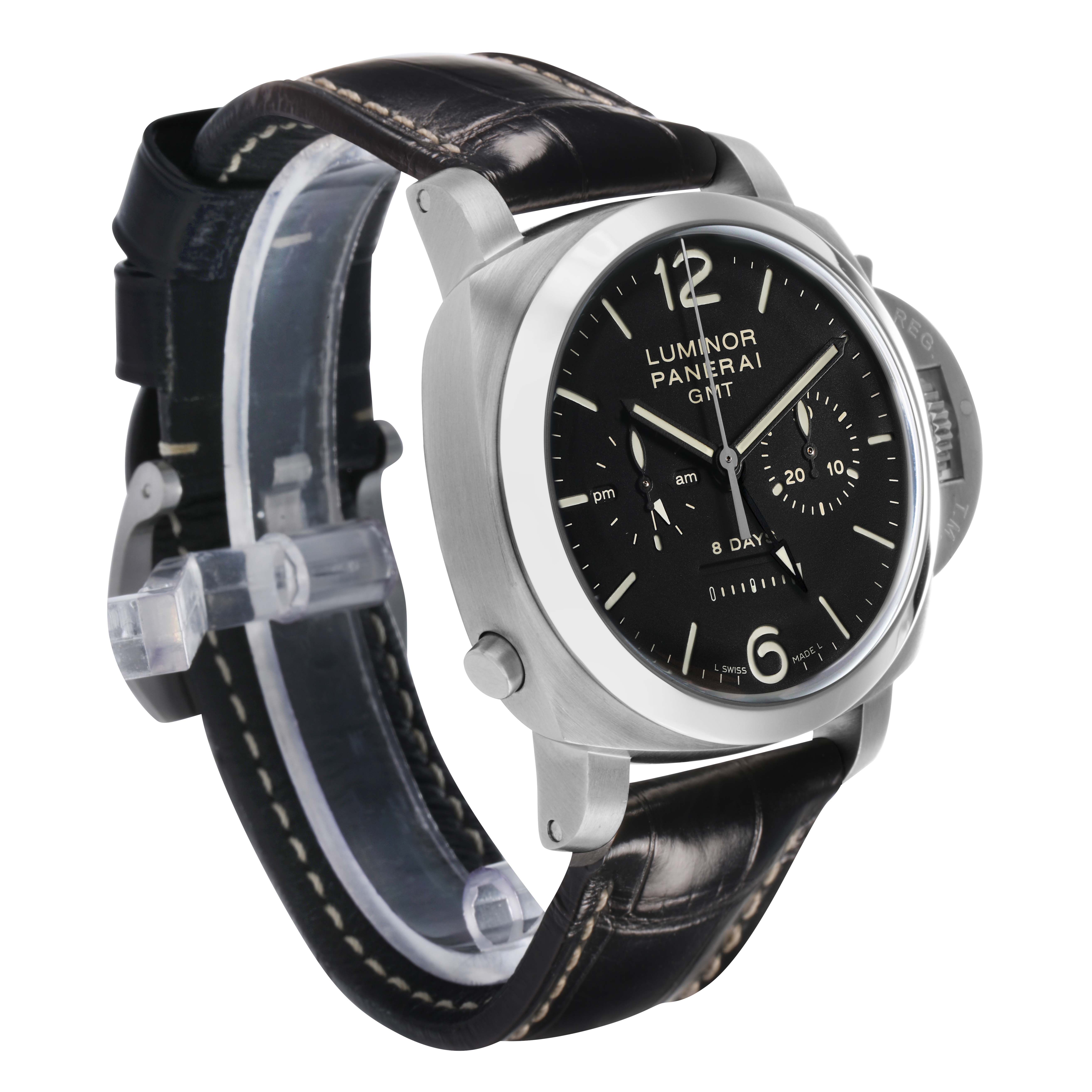 The Panerai Luminor PAM00275 Men's Stainless Steel Black Dial watch is shown at a three-quarter angle, displaying the face, crown guard, and leather strap.