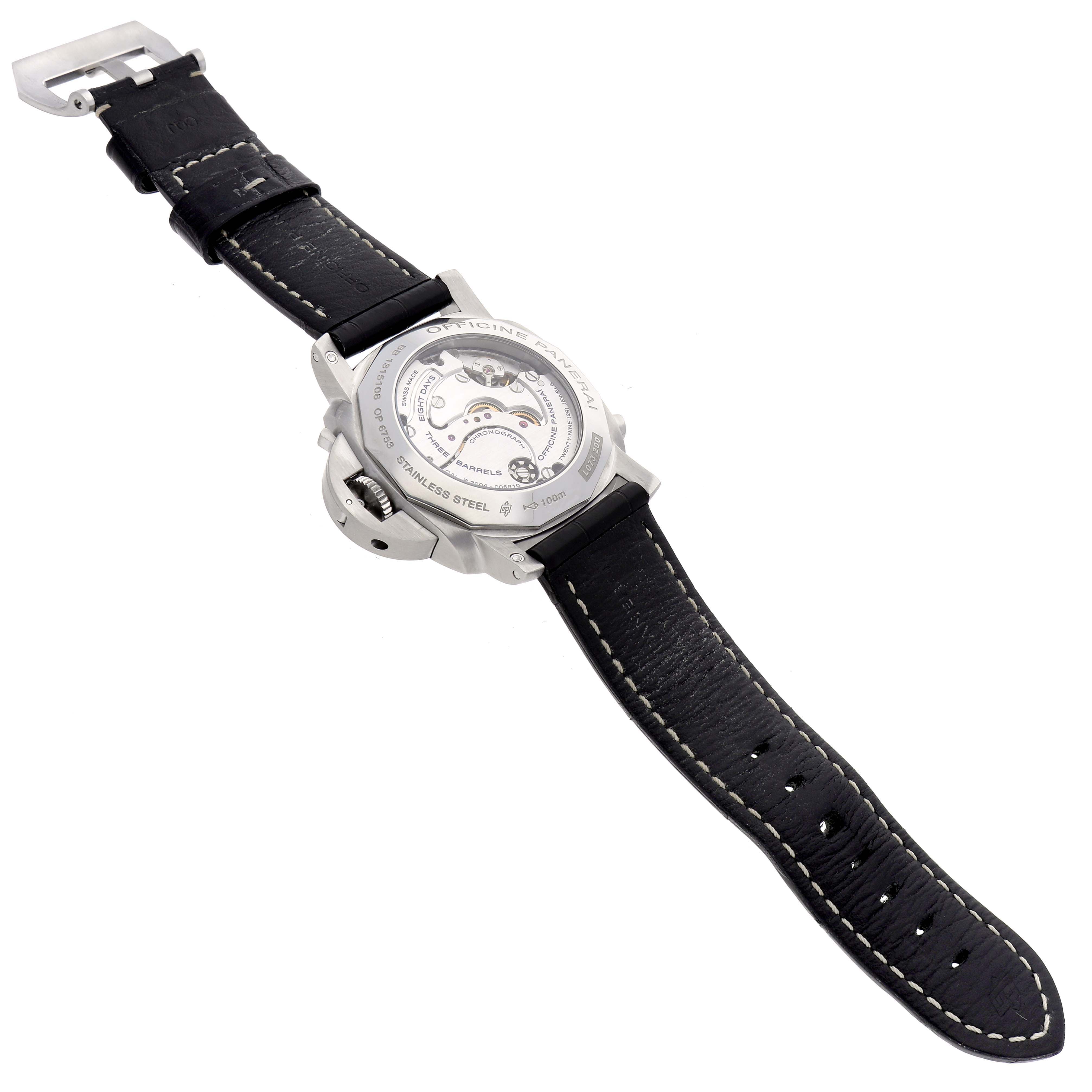 The image shows the back view of a Panerai Luminor PAM00275 Men's Stainless Steel Black Dial watch, featuring its caseback and black leather strap.