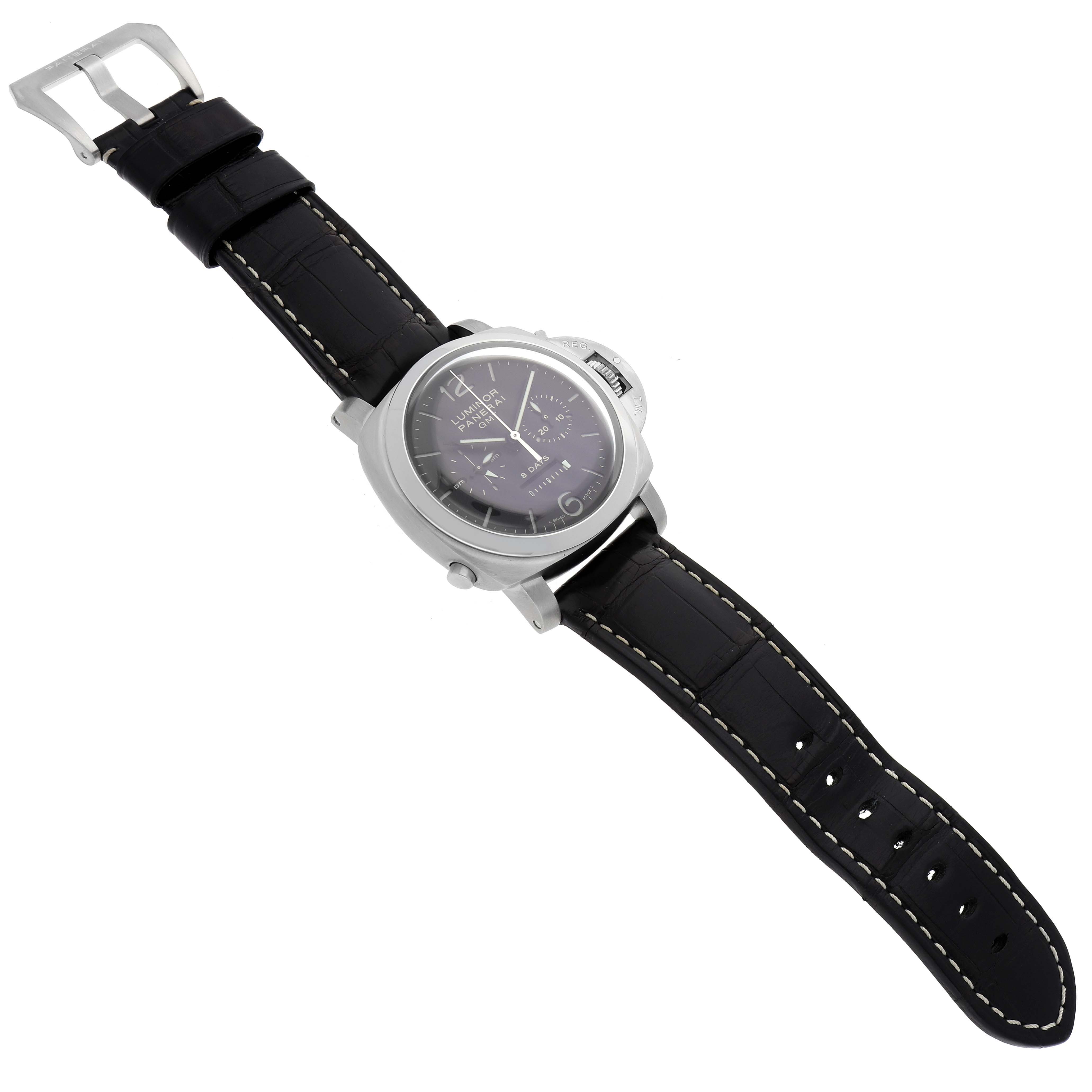 The Panerai Luminor PAM00275 Men's Stainless Steel Black Dial watch is shown from a slight side angle, highlighting the dial, case, crown guard, and black leather strap.