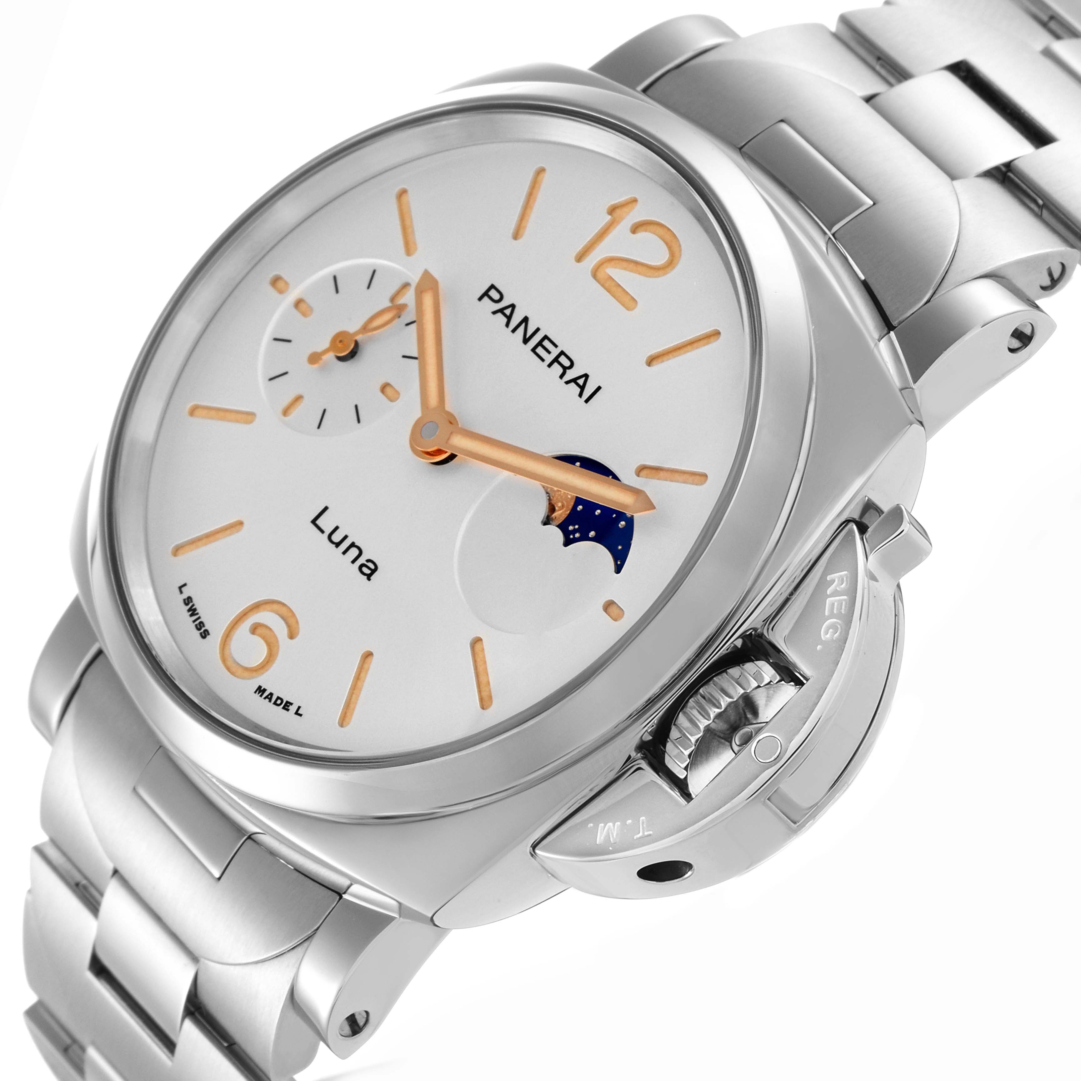 The image shows a Panerai Luminor Due PAM01180 Men
s Stainless Steel Silver Dial PAM01180 Men
s Stainless Steel Silver Dial watch at a slight angle, highlighting the dial, crown guard, and metal bracelet.