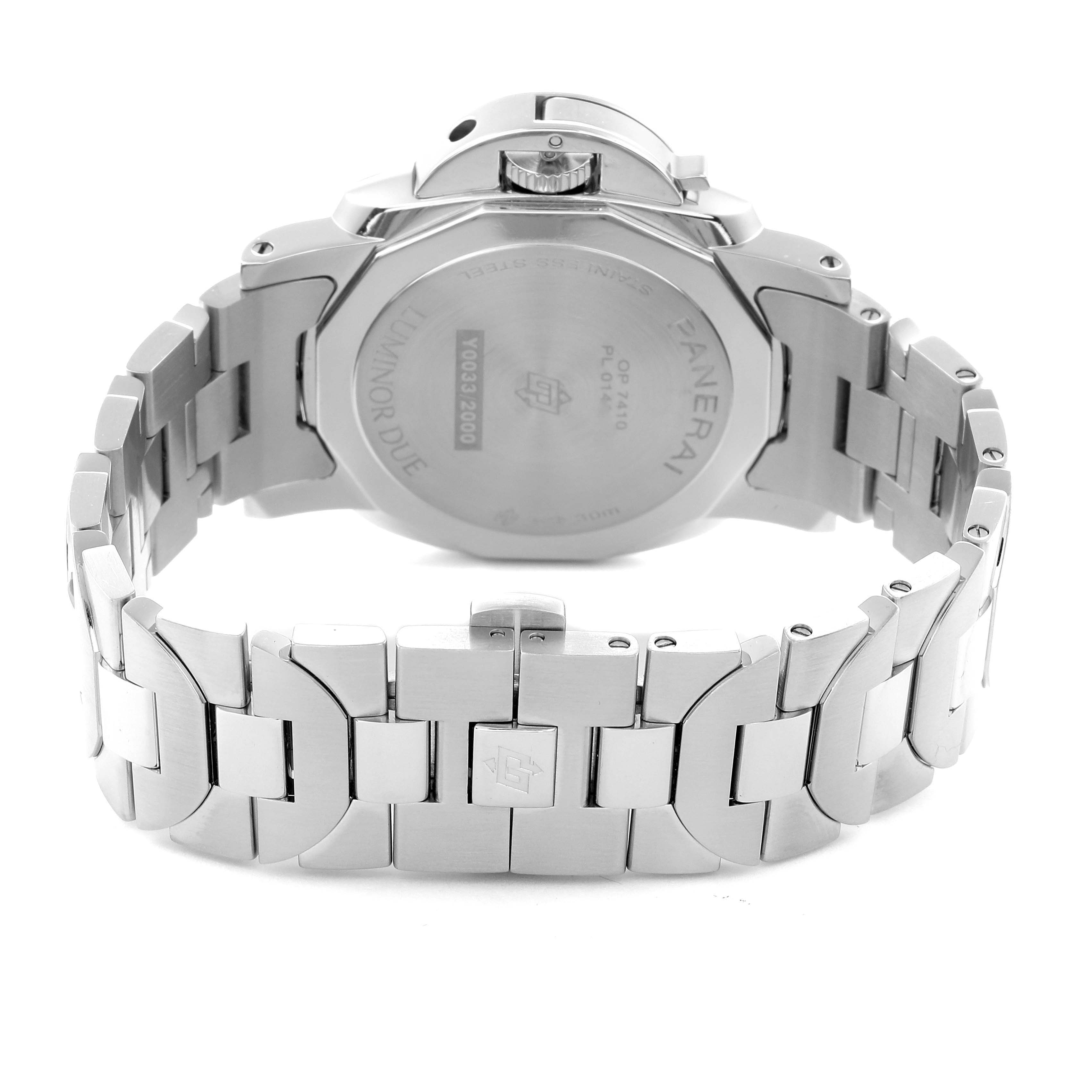 The image shows a rear view of the Panerai Luminor Due PAM01180 Men
s Stainless Steel Silver Dial PAM01180 Men
s Stainless Steel Silver Dial watch, highlighting the stainless steel bracelet and case back.