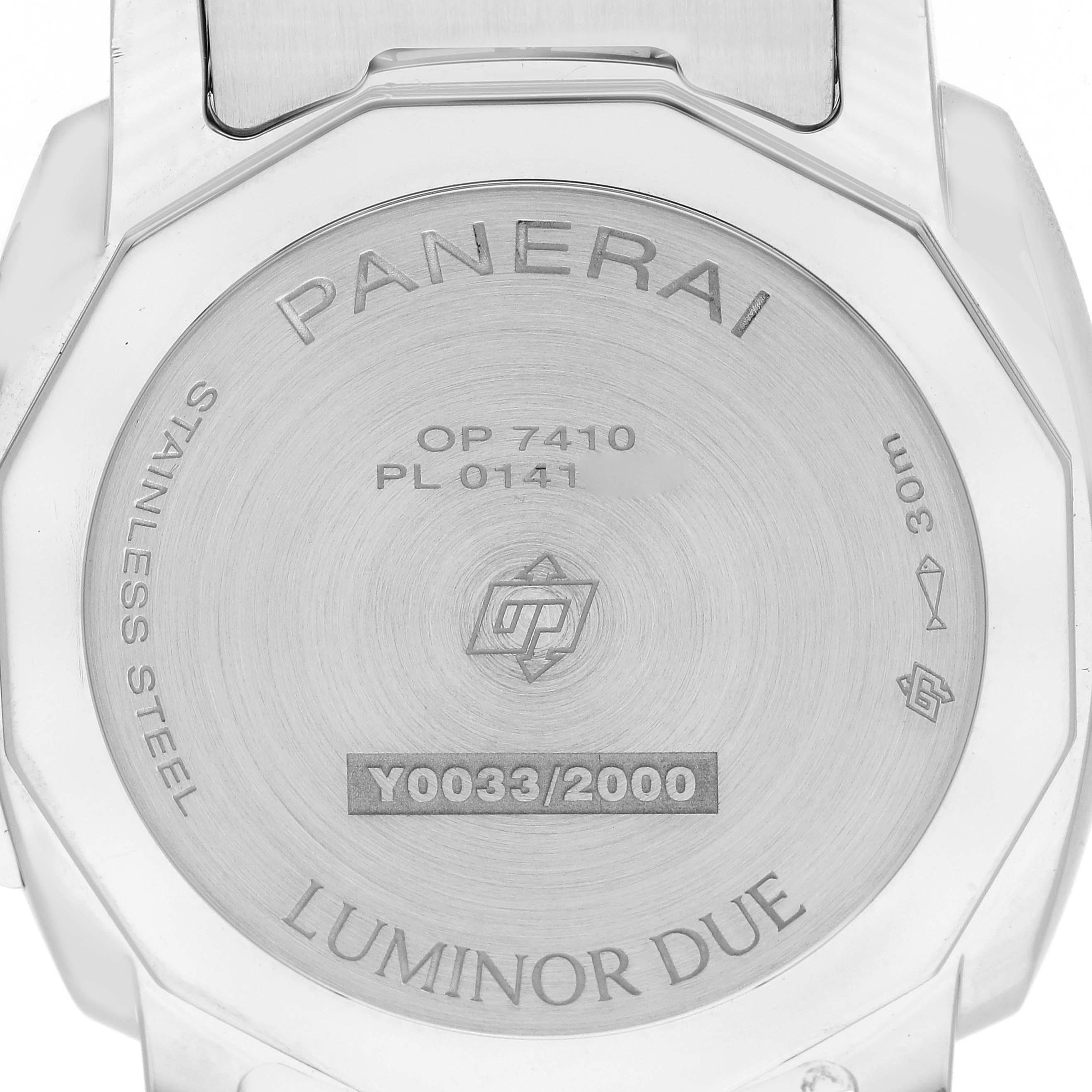 The image shows the back case of a Panerai Luminor Due PAM01180 Men
s Stainless Steel Silver Dial PAM01180 Men
s Stainless Steel Silver Dial watch, displaying engravings and serial information.