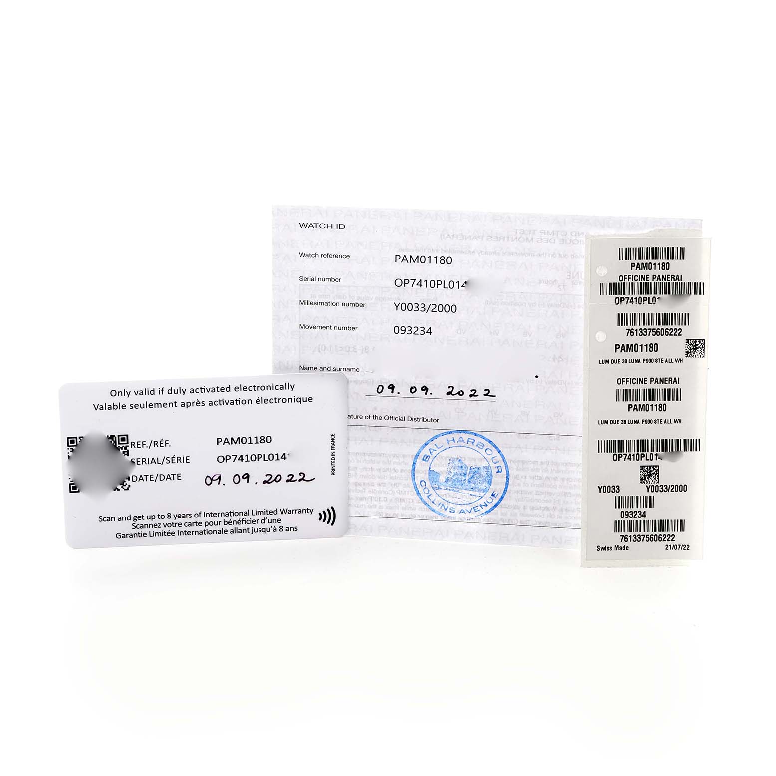 The image shows warranty cards, documentation, and labels for a Panerai Luminor Due PAM01180 Men
s Stainless Steel Silver Dial PAM01180 Men
s Stainless Steel Silver Dial watch.