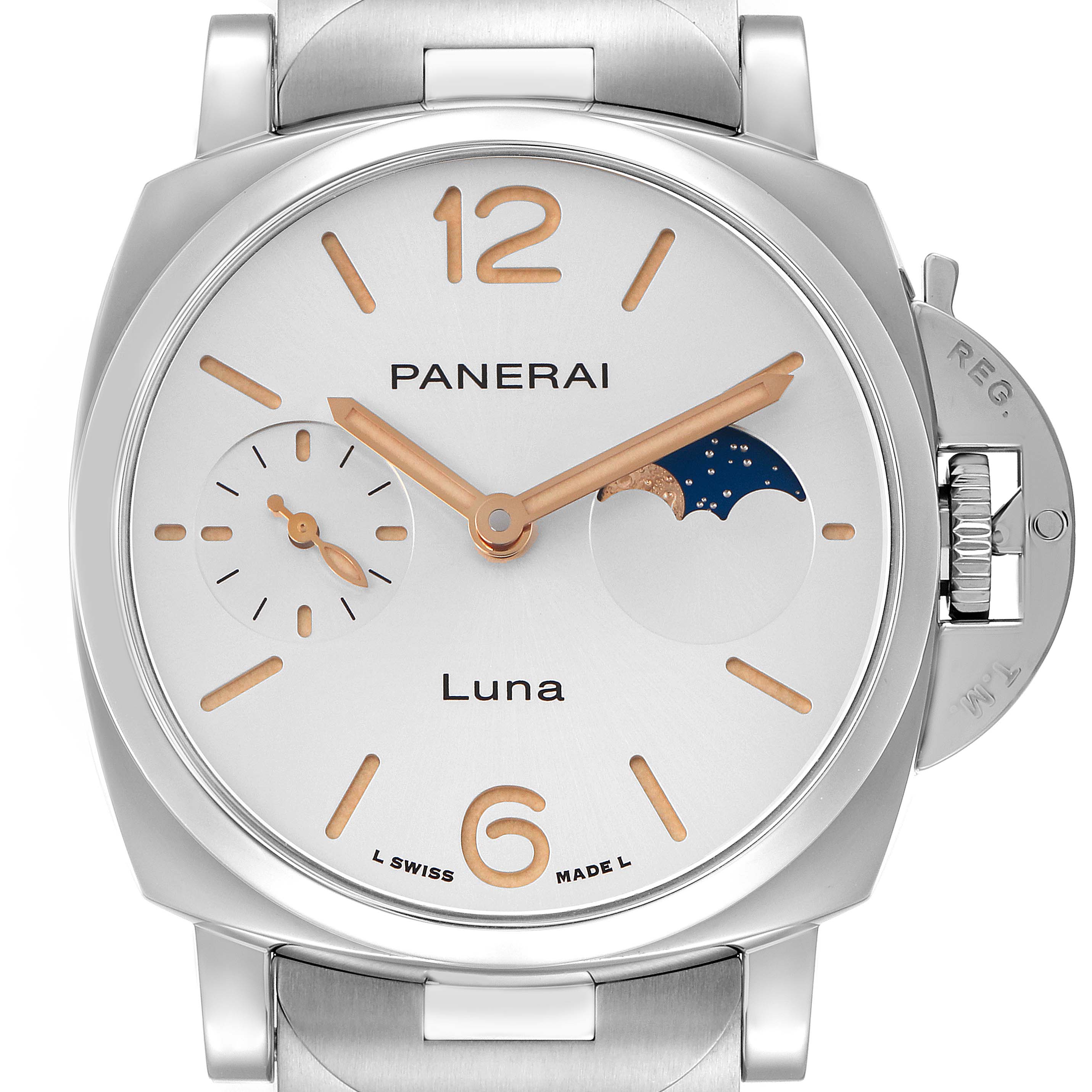 The image shows a frontal view of the Panerai Luminor Due PAM01180 Men
s Stainless Steel Silver Dial PAM01180 Men
s Stainless Steel Silver Dial watch, displaying the dial, hands, and crown guard.