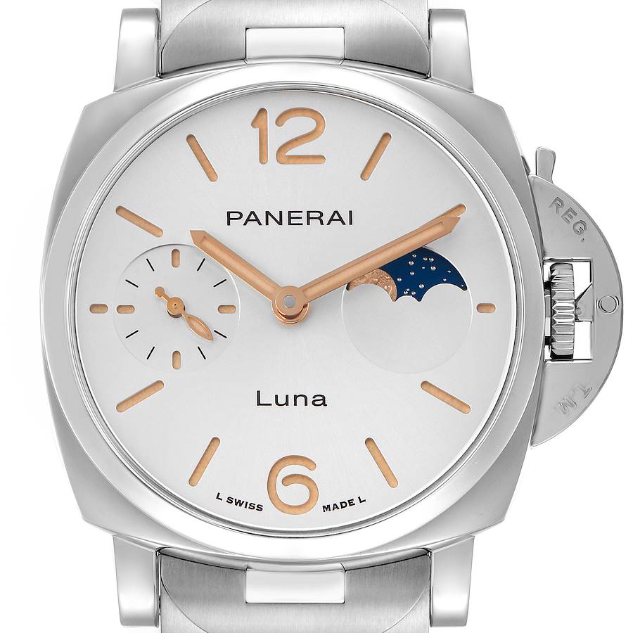The image shows a frontal view of the Panerai Luminor Due watch, displaying the dial, hands, and crown guard.