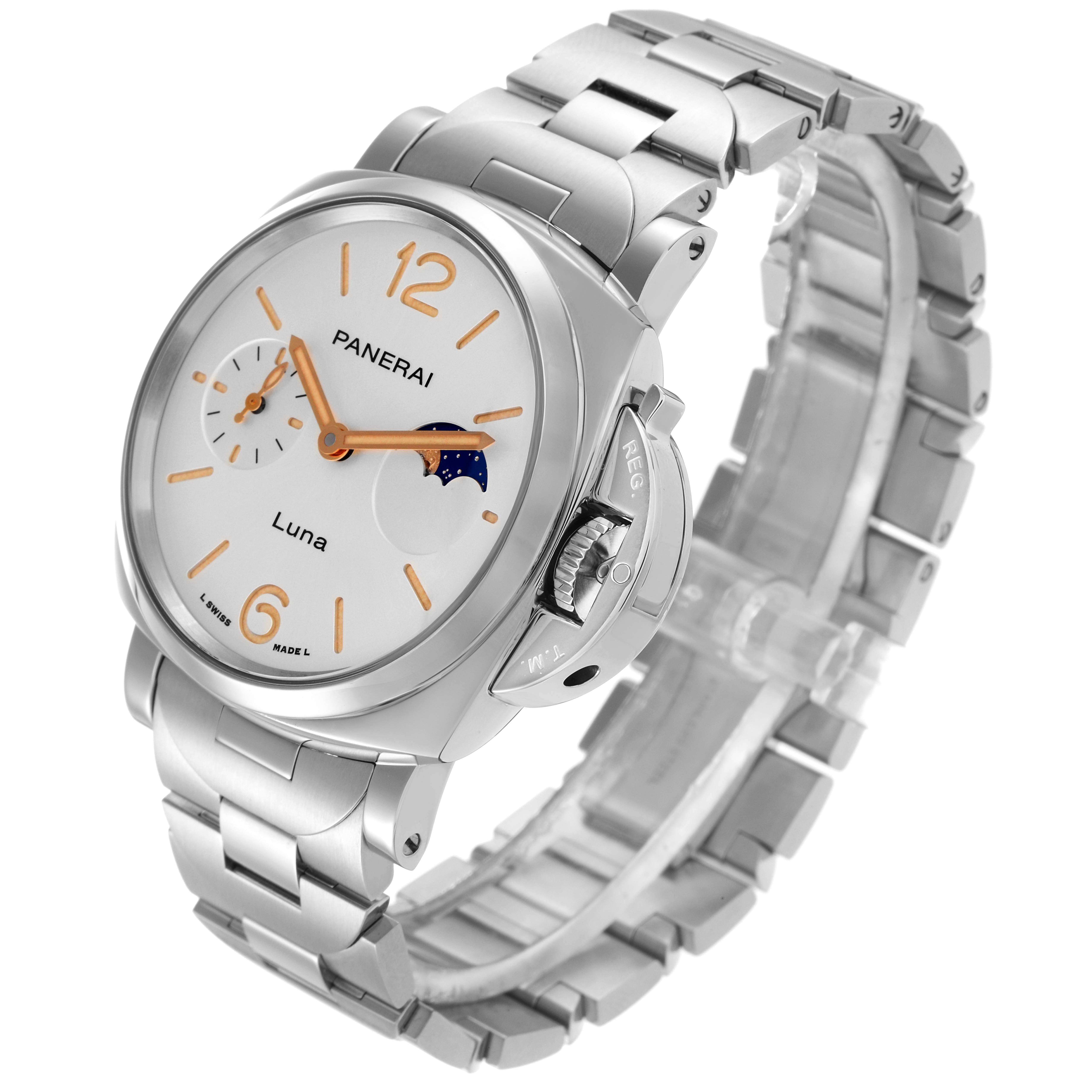 The Panerai Luminor Due PAM01180 Men
s Stainless Steel Silver Dial PAM01180 Men
s Stainless Steel Silver Dial watch is shown at a three-quarter angle, displaying the face, crown, and bracelet in detail.