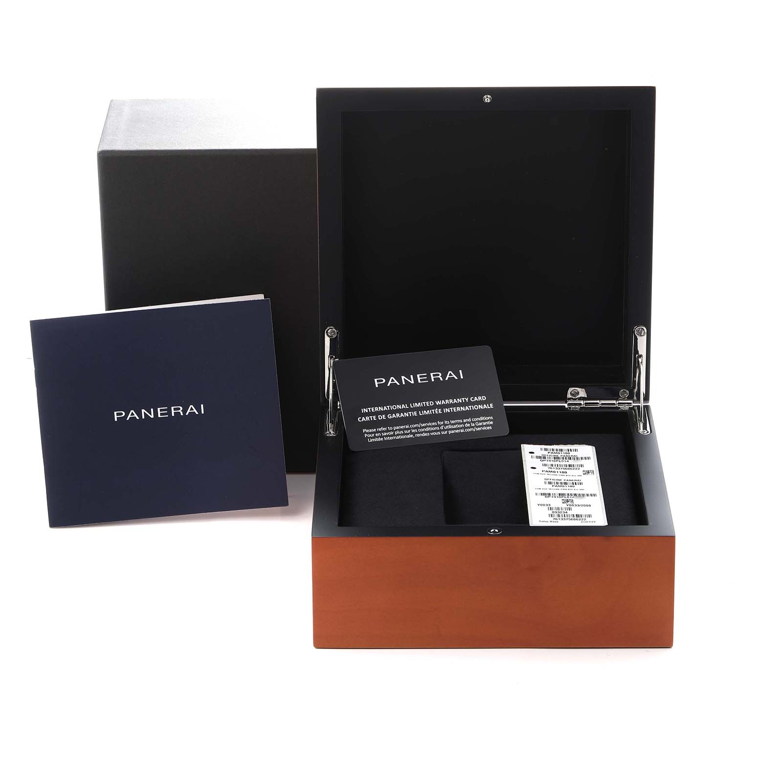 The image shows an open Panerai Luminor Due PAM01180 Men
s Stainless Steel Silver Dial PAM01180 Men
s Stainless Steel Silver Dial watch box with warranty cards and a booklet, viewed from the front.