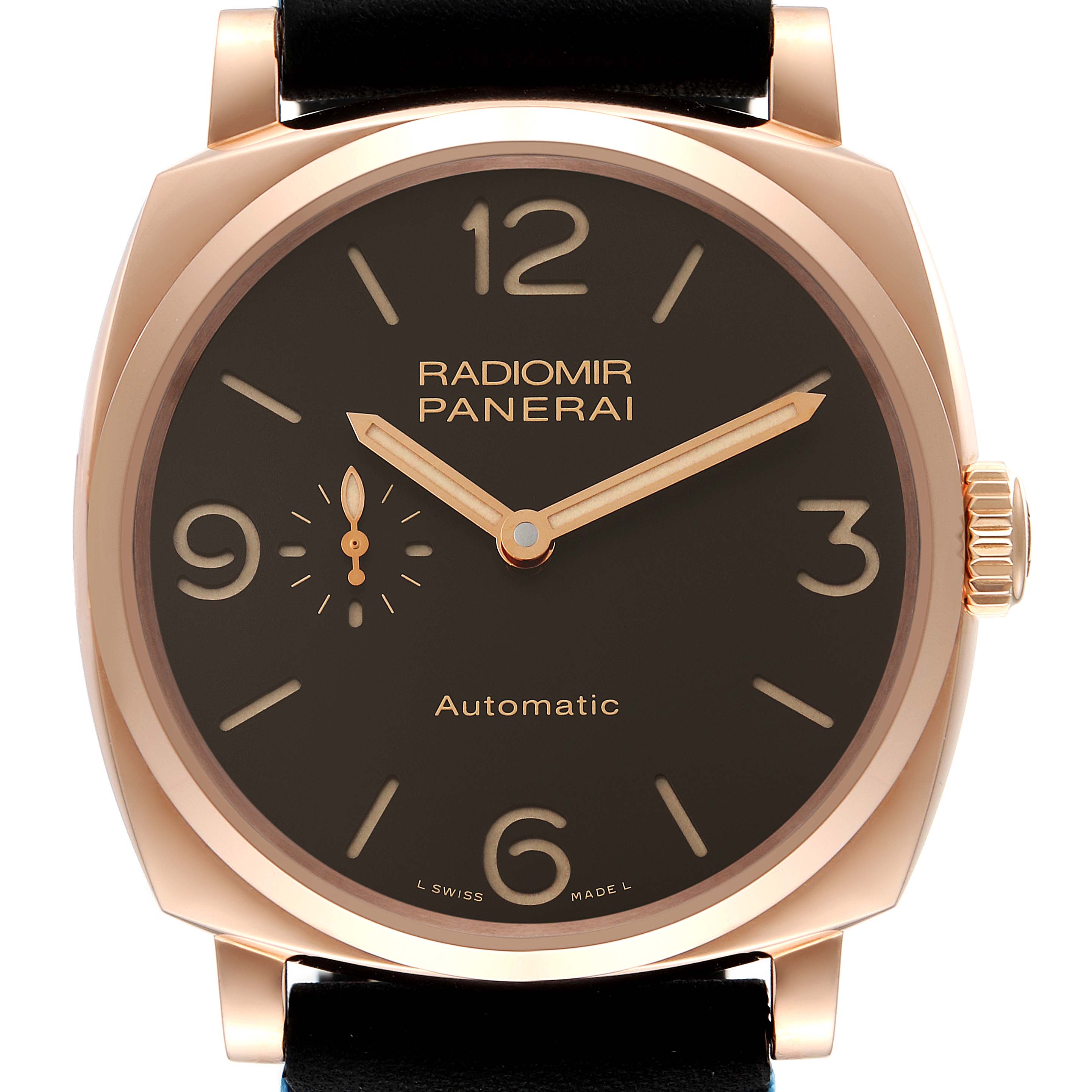The image shows a Panerai Radiomir PAM00573 Men's Rose Gold Brown Dial PAM00573 Men's Rose Gold Brown Dial watch from a front angle, highlighting the dial and case.