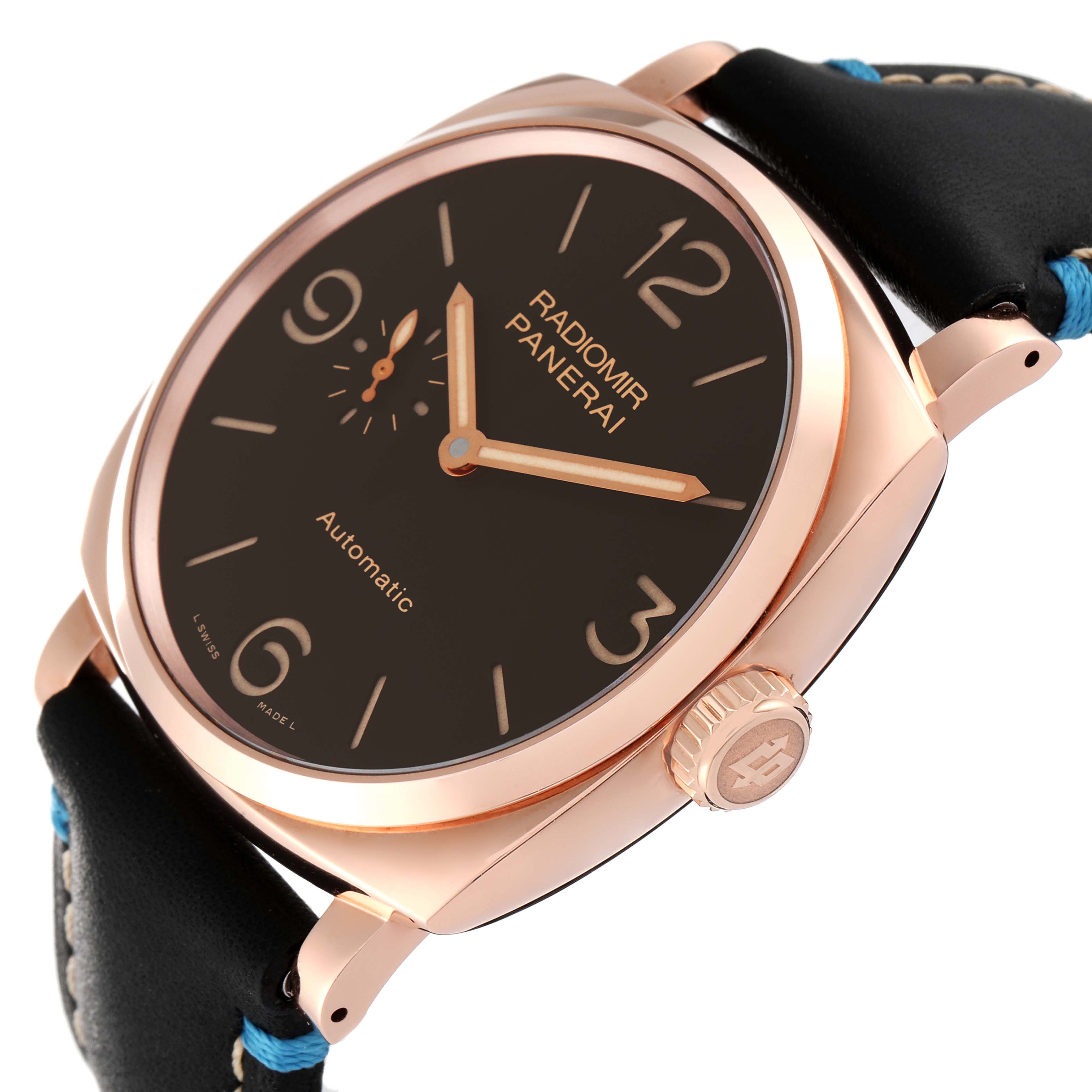 The image shows a Panerai Radiomir PAM00573 Men's Rose Gold Brown Dial PAM00573 Men's Rose Gold Brown Dial watch at an angled side view highlighting the crown, dial, hands, and part of the strap.