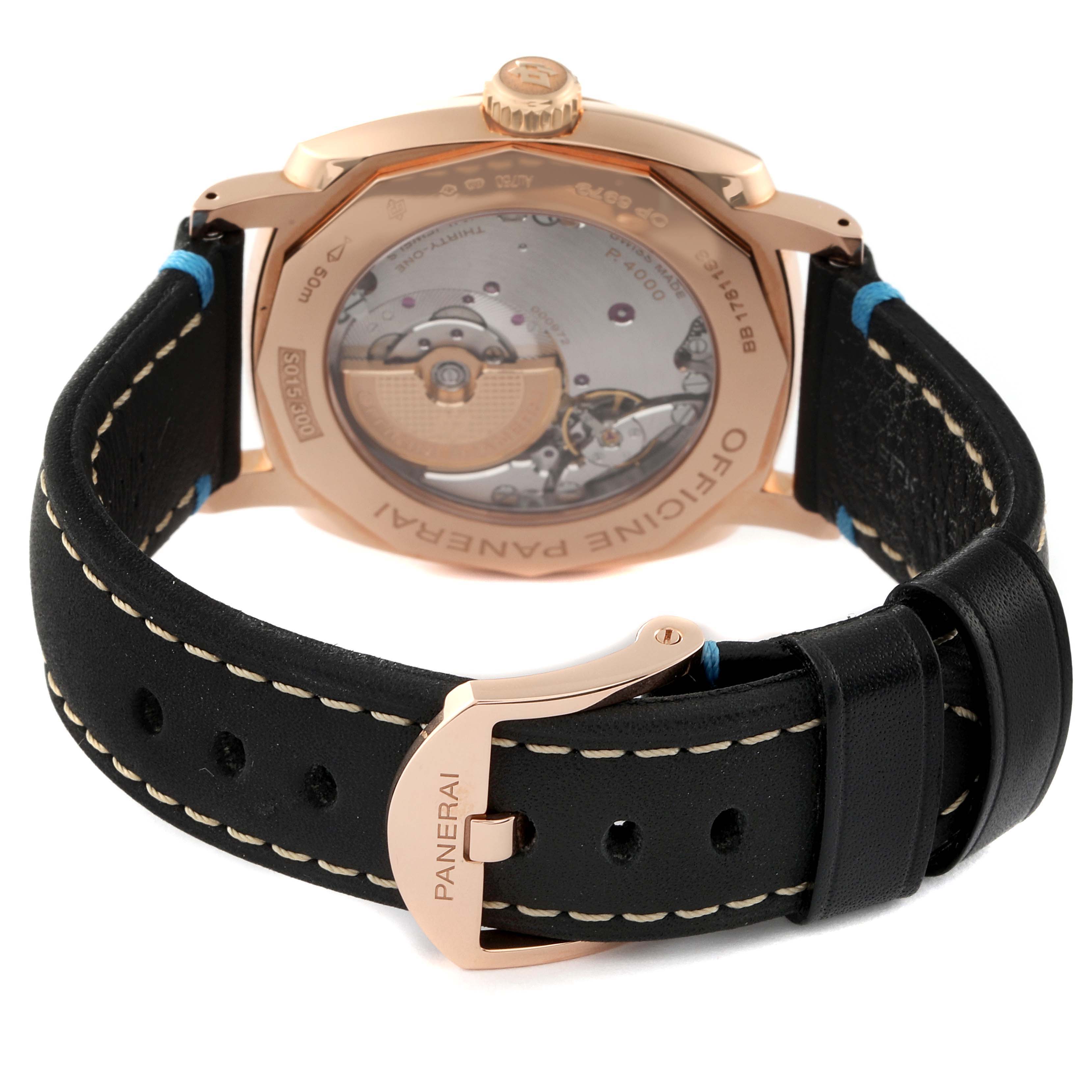 Back view of the Panerai Radiomir PAM00573 Men's Rose Gold Brown Dial PAM00573 Men's Rose Gold Brown Dial watch showing its movement and black leather strap with buckle.