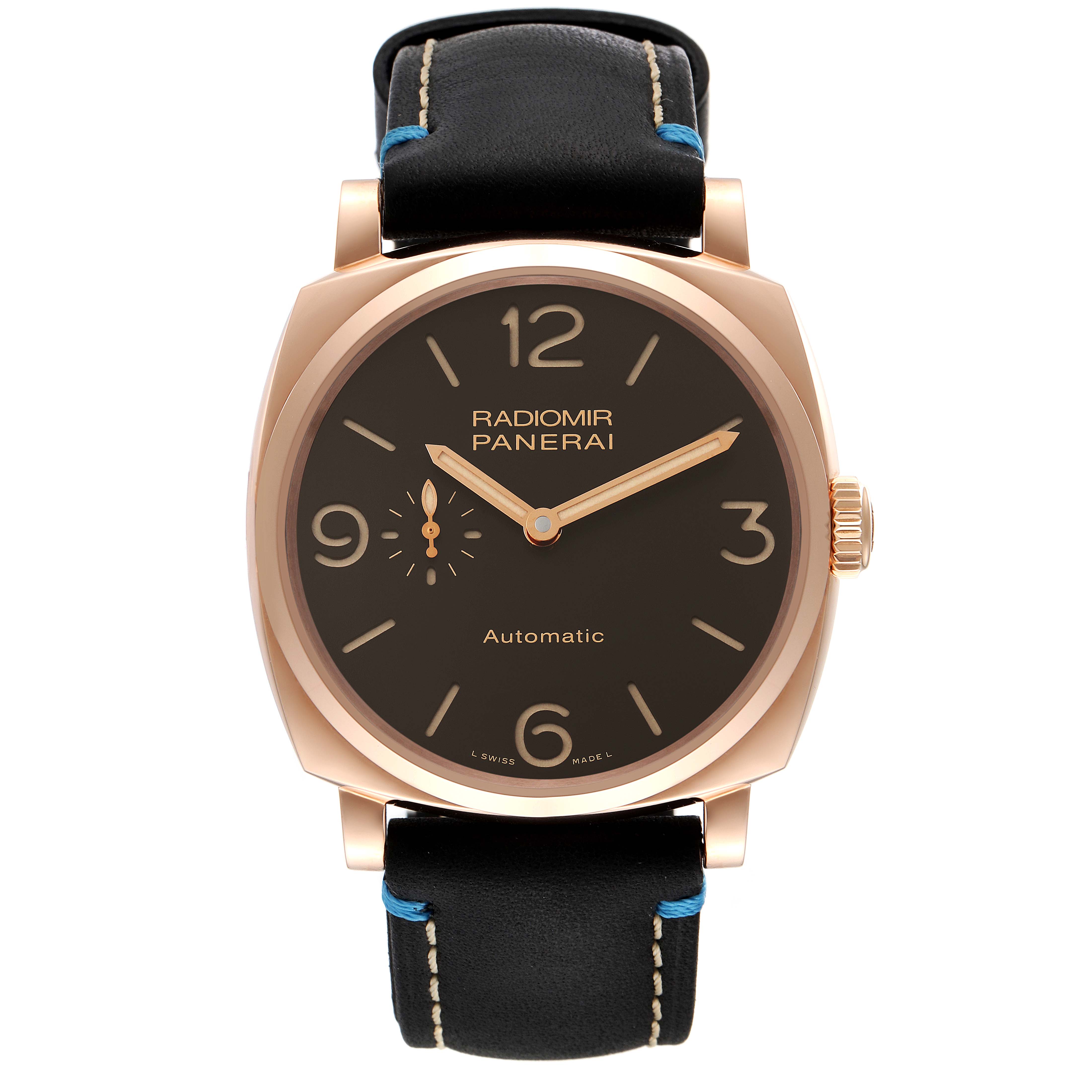 The image shows a front-facing view of a Panerai Radiomir PAM00573 Men's Rose Gold Brown Dial PAM00573 Men's Rose Gold Brown Dial watch with a black dial and black leather strap.