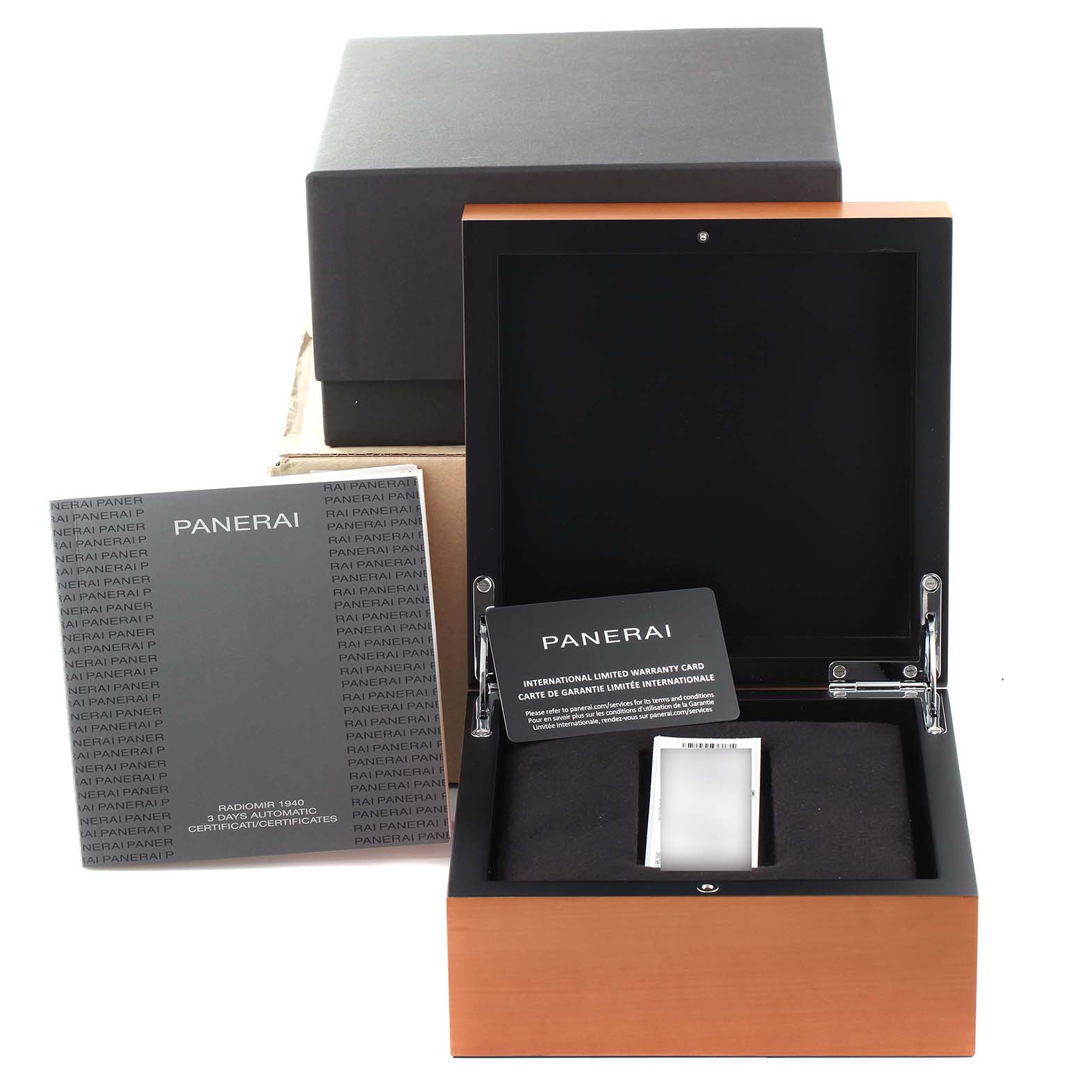 The image shows the packaging and accessories for a Panerai Radiomir PAM00573 Men's Rose Gold Brown Dial PAM00573 Men's Rose Gold Brown Dial model, including the box, booklet, and warranty card.