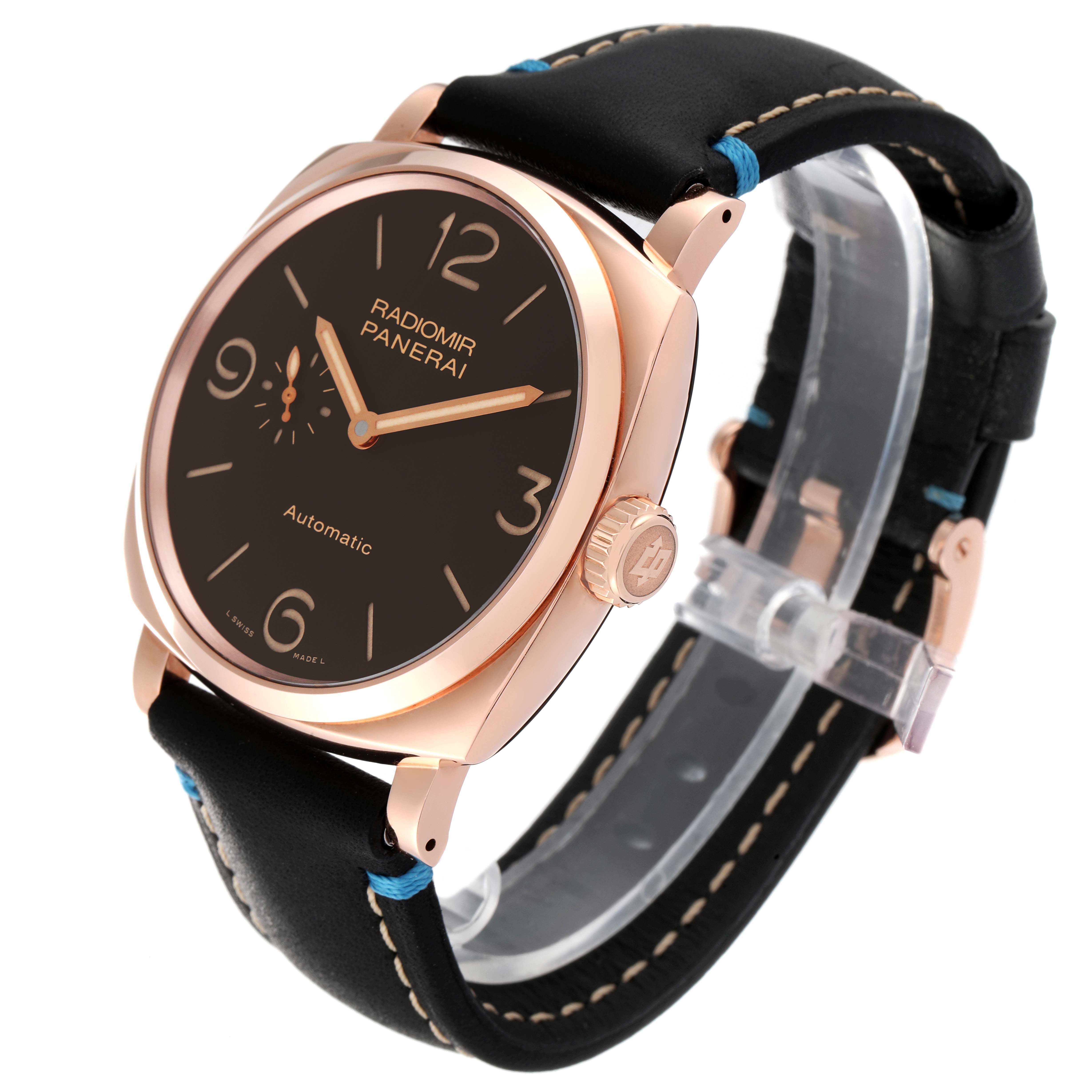 This image shows a Panerai Radiomir PAM00573 Men's Rose Gold Brown Dial PAM00573 Men's Rose Gold Brown Dial watch at a three-quarter angle, highlighting the rose gold casing, crown, and black leather strap.