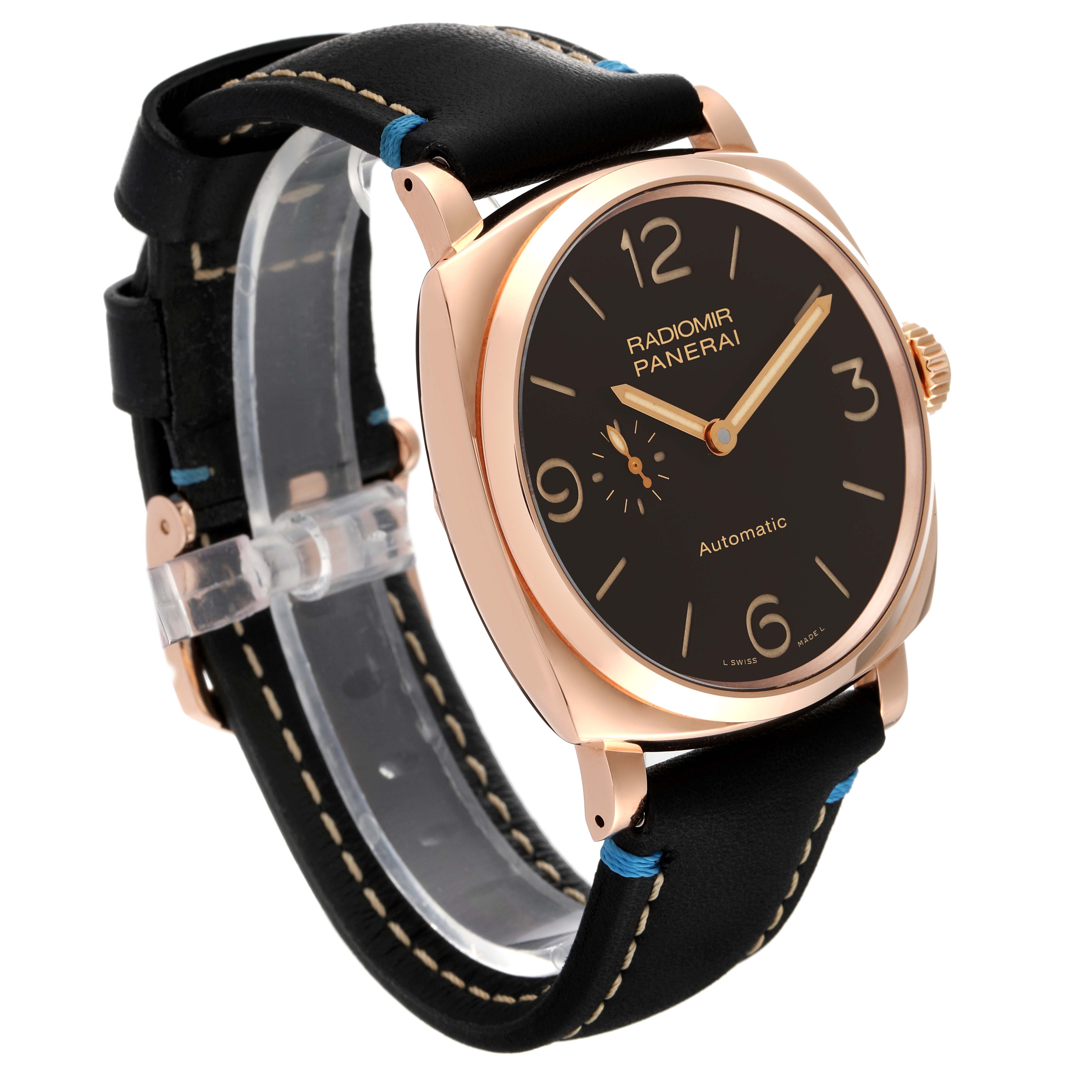 The Panerai Radiomir PAM00573 Men's Rose Gold Brown Dial PAM00573 Men's Rose Gold Brown Dial watch is shown at a slight angle, highlighting the case, dial, hands, and black leather strap.