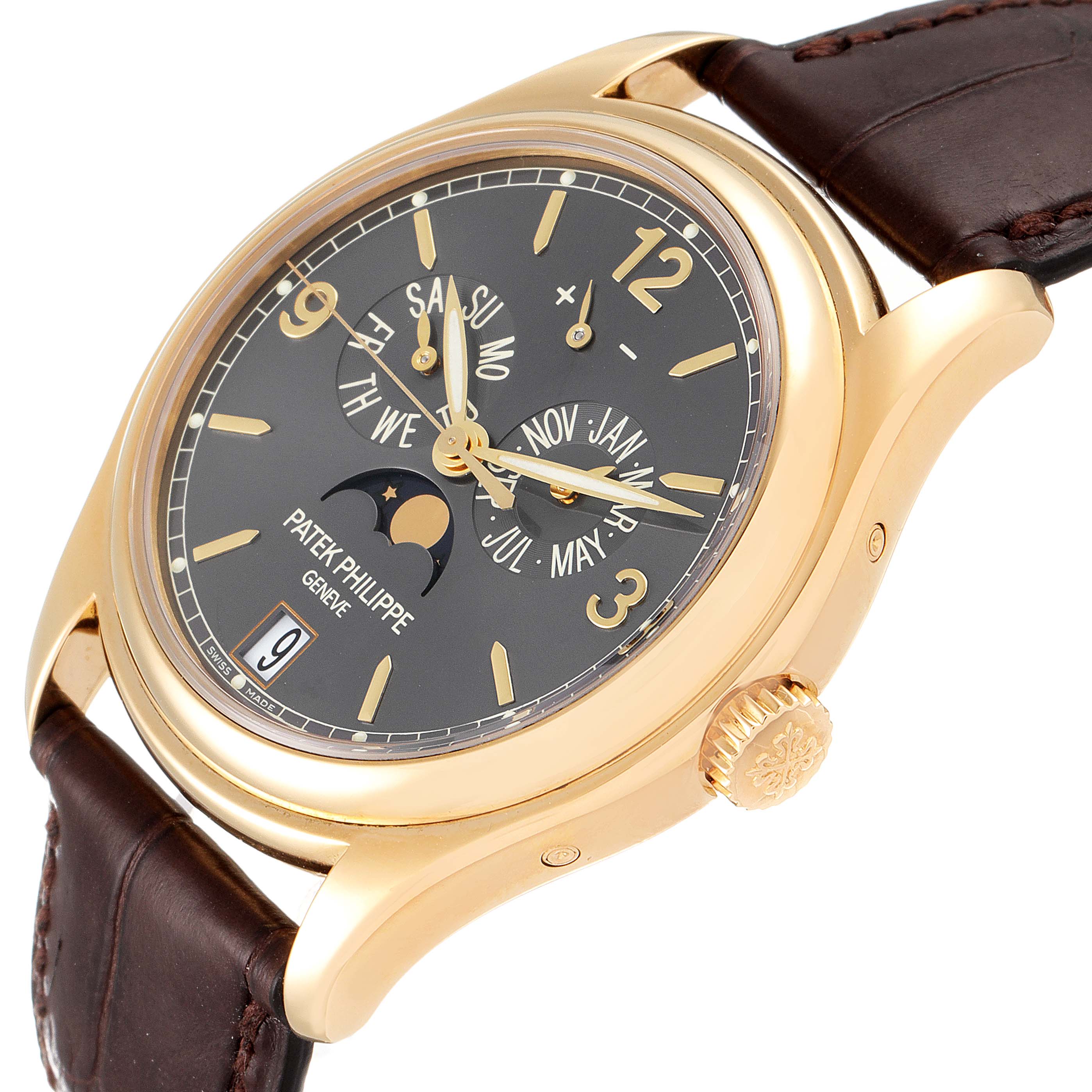 The image shows a Patek Philippe 5146J - 01D Men
s Yellow Gold Grey Dial 5146J - 01D Men
s Yellow Gold Grey Dial Complicated Annual Calendar Yellow Gold Mens Watch 5146 at a slight angle, highlighting the face, crown, and strap.