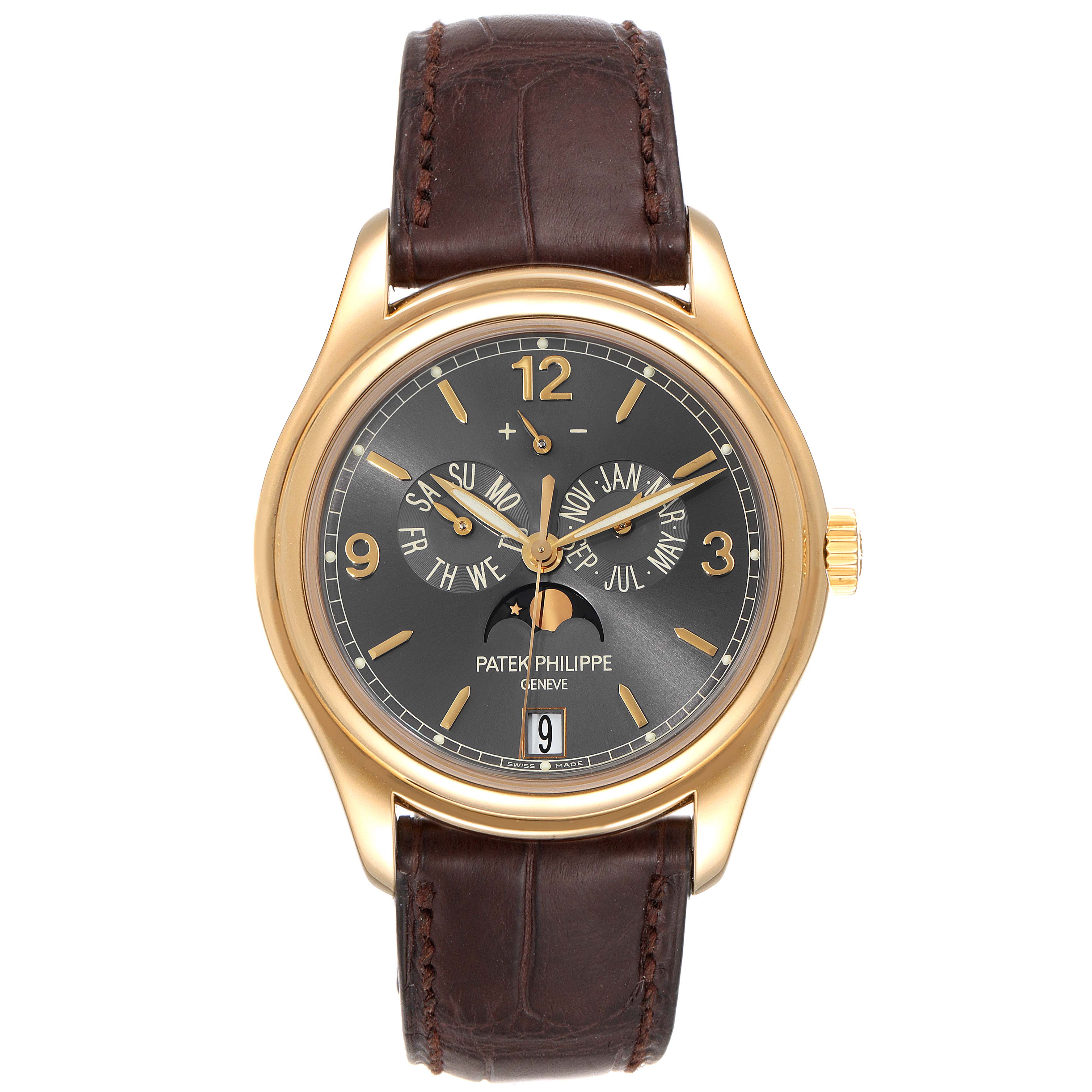 The image shows a front view of a Patek Philippe 5146J - 01D Men
s Yellow Gold Grey Dial 5146J - 01D Men
s Yellow Gold Grey Dial Complicated Annual Calendar Yellow Gold Men
s Watch 5146 with its dial, hands, and strap visible.
