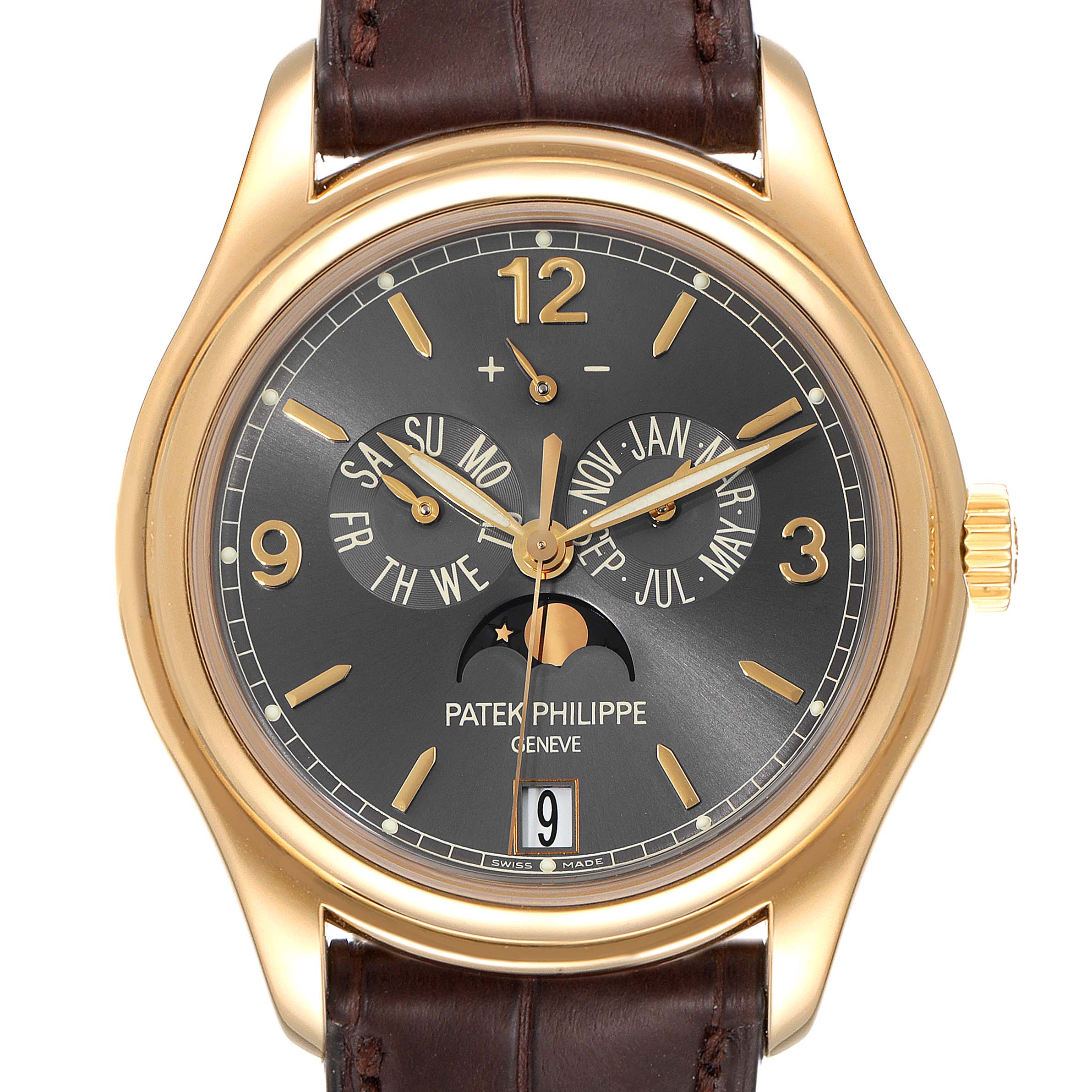 The image shows a front view of the Patek Philippe 5146J - 01D Men
s Yellow Gold Grey Dial 5146J - 01D Men
s Yellow Gold Grey Dial Complicated Annual Calendar Yellow Gold Men
s Watch 5146 model, displaying its dial and bezel.
