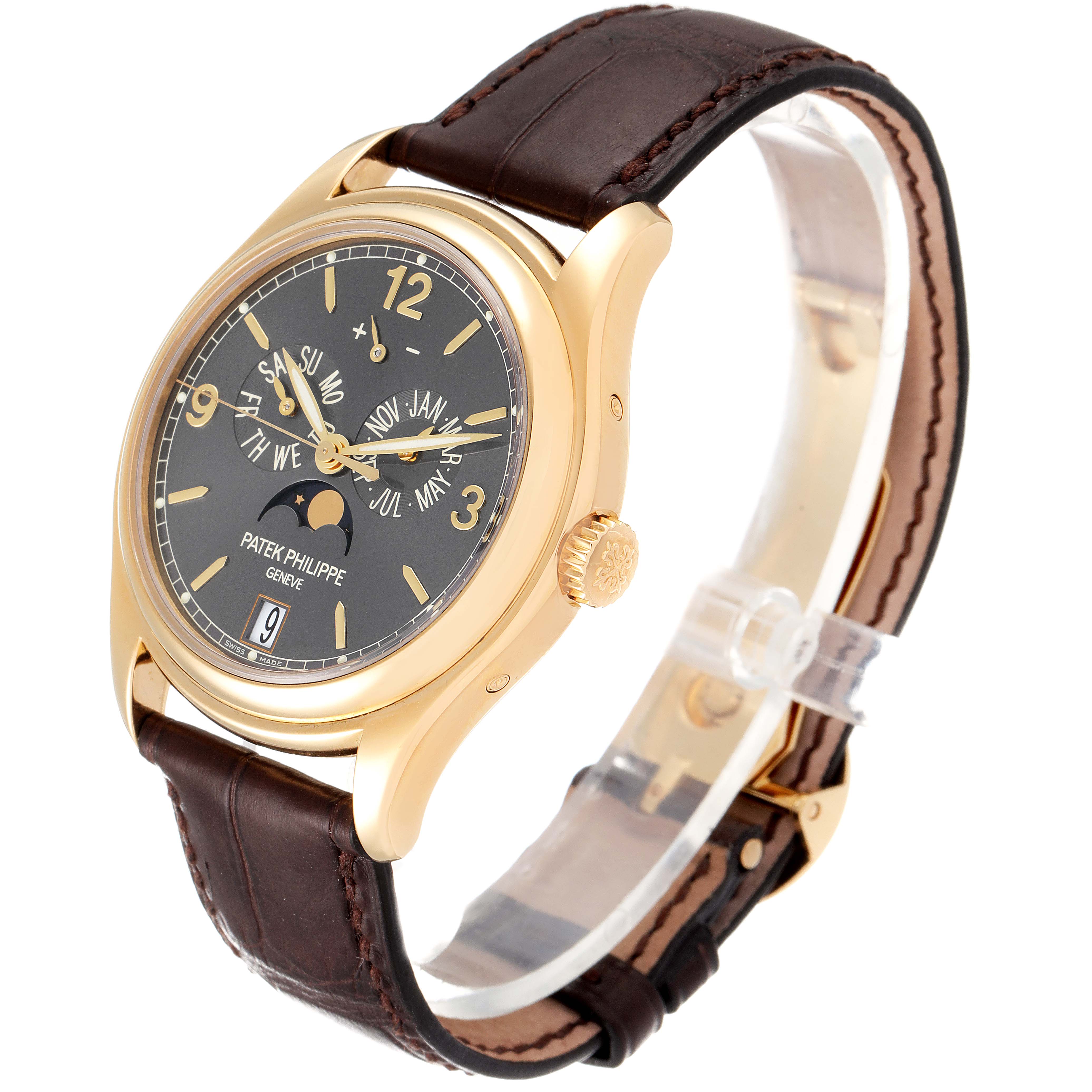 The image shows a Patek Philippe 5146J - 01D Men
s Yellow Gold Grey Dial 5146J - 01D Men
s Yellow Gold Grey Dial Complicated Annual Calendar Yellow Gold Men
s Watch 5146 at a slightly tilted angle displaying the watch face and strap.