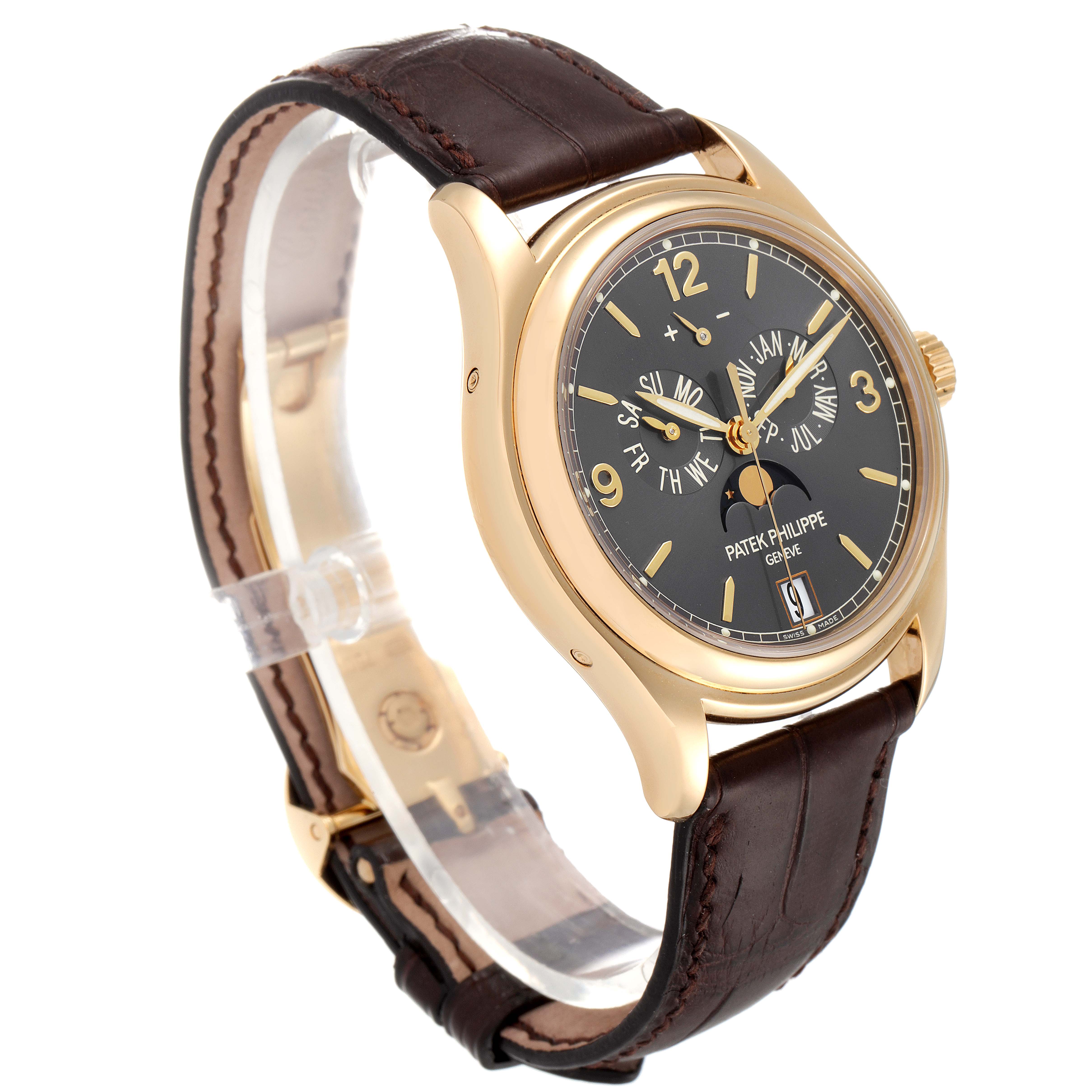 This image shows a side-angle view of the Patek Philippe 5146J - 01D Men
s Yellow Gold Grey Dial 5146J - 01D Men
s Yellow Gold Grey Dial Complicated Annual Calendar Yellow Gold Men
s Watch 5146, highlighting its dial, case, and strap.