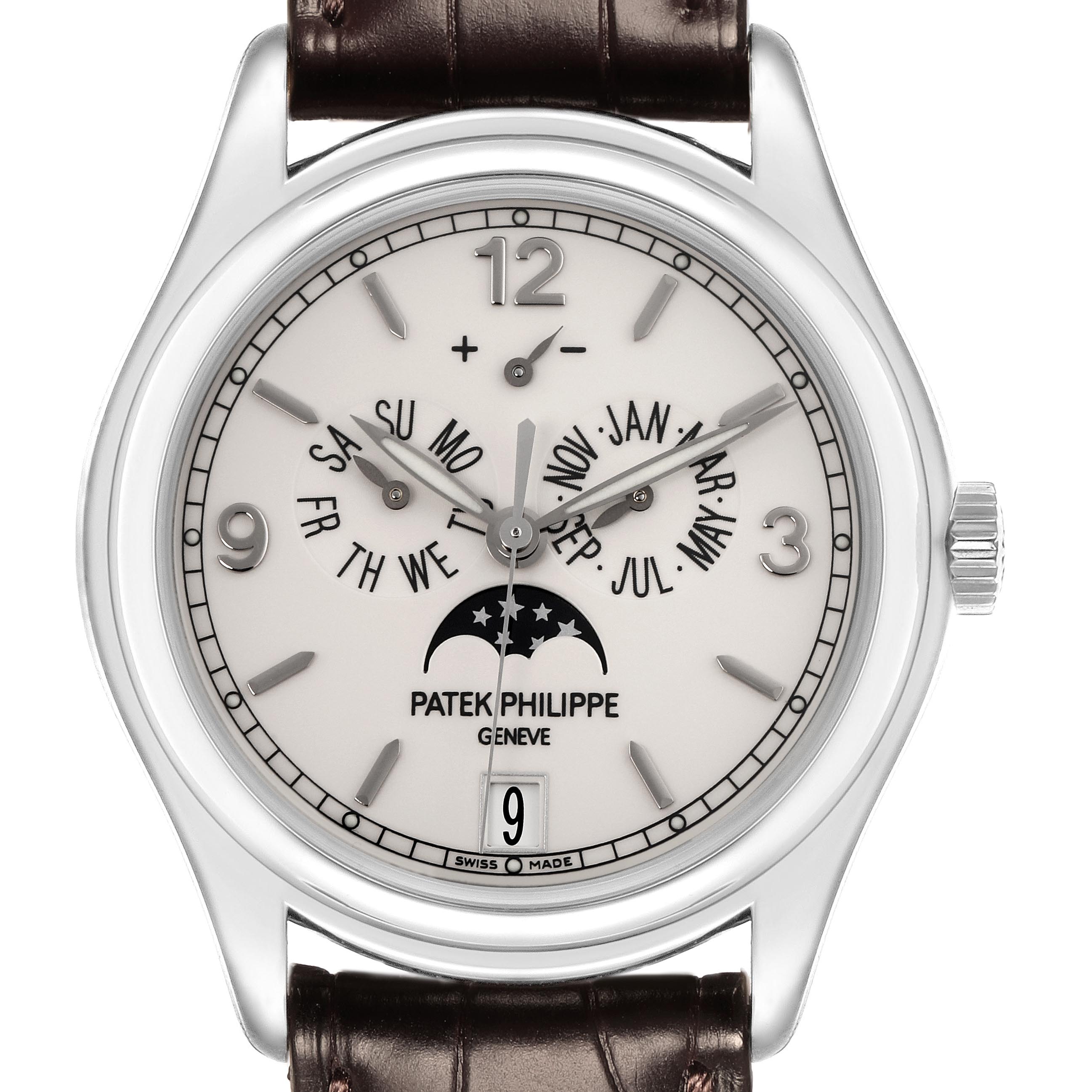 The Patek Philippe Complications 5146G Men's White Gold White Dial 5146G Men's White Gold White Dial watch is shown from the front, displaying its face, dial, crown, and leather strap.