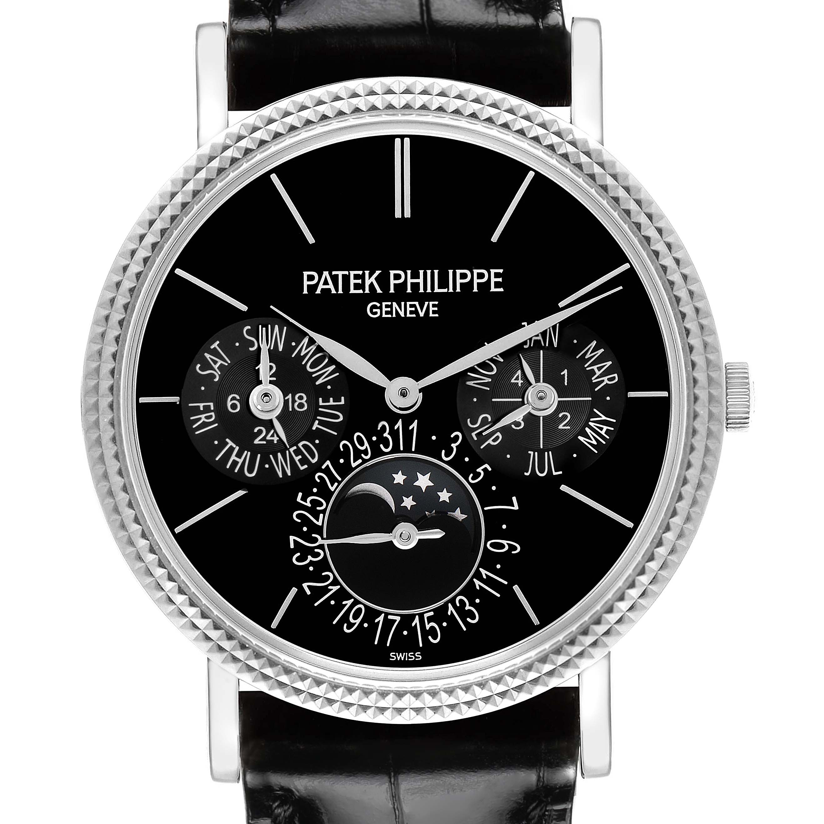 The image shows a frontal view of the Patek Philippe Complications 5139G Men's White Gold Black Dial 5139G Men's White Gold Black Dial watch, highlighting its intricate dial and moon phase display.