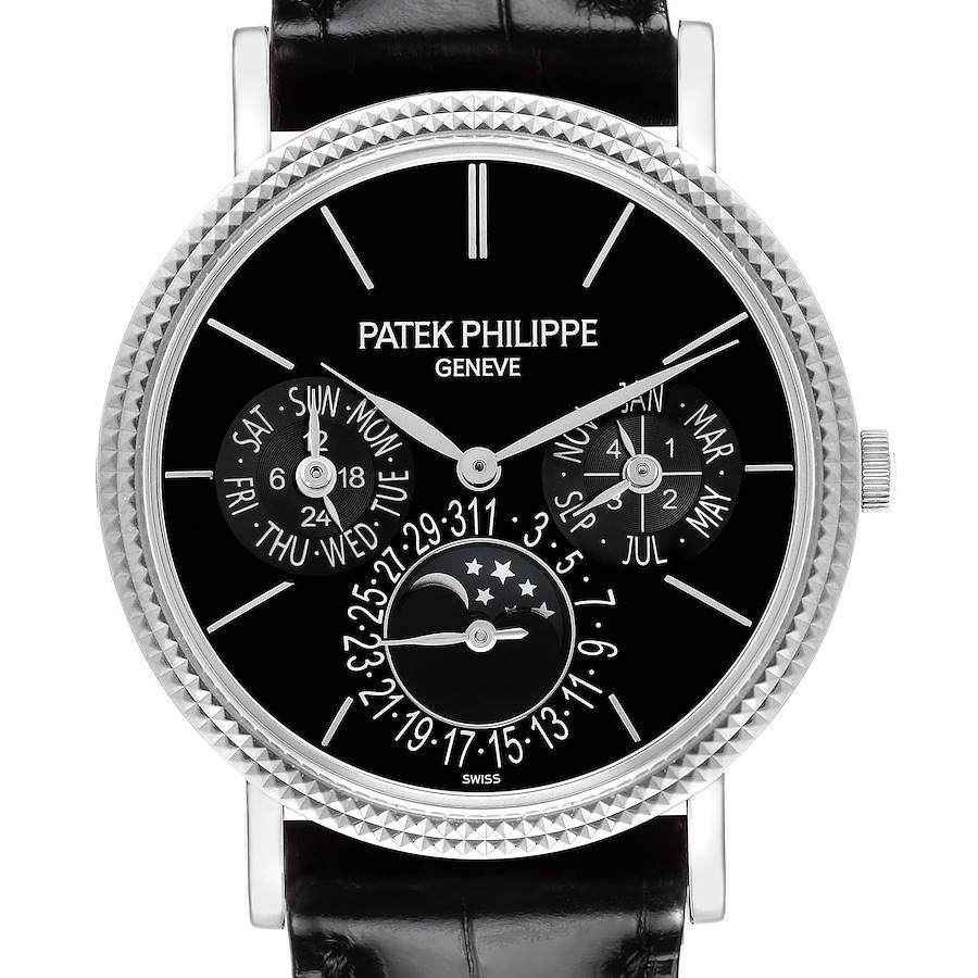 The image shows a frontal view of the Patek Philippe Complications watch, highlighting its intricate dial and moon phase display.