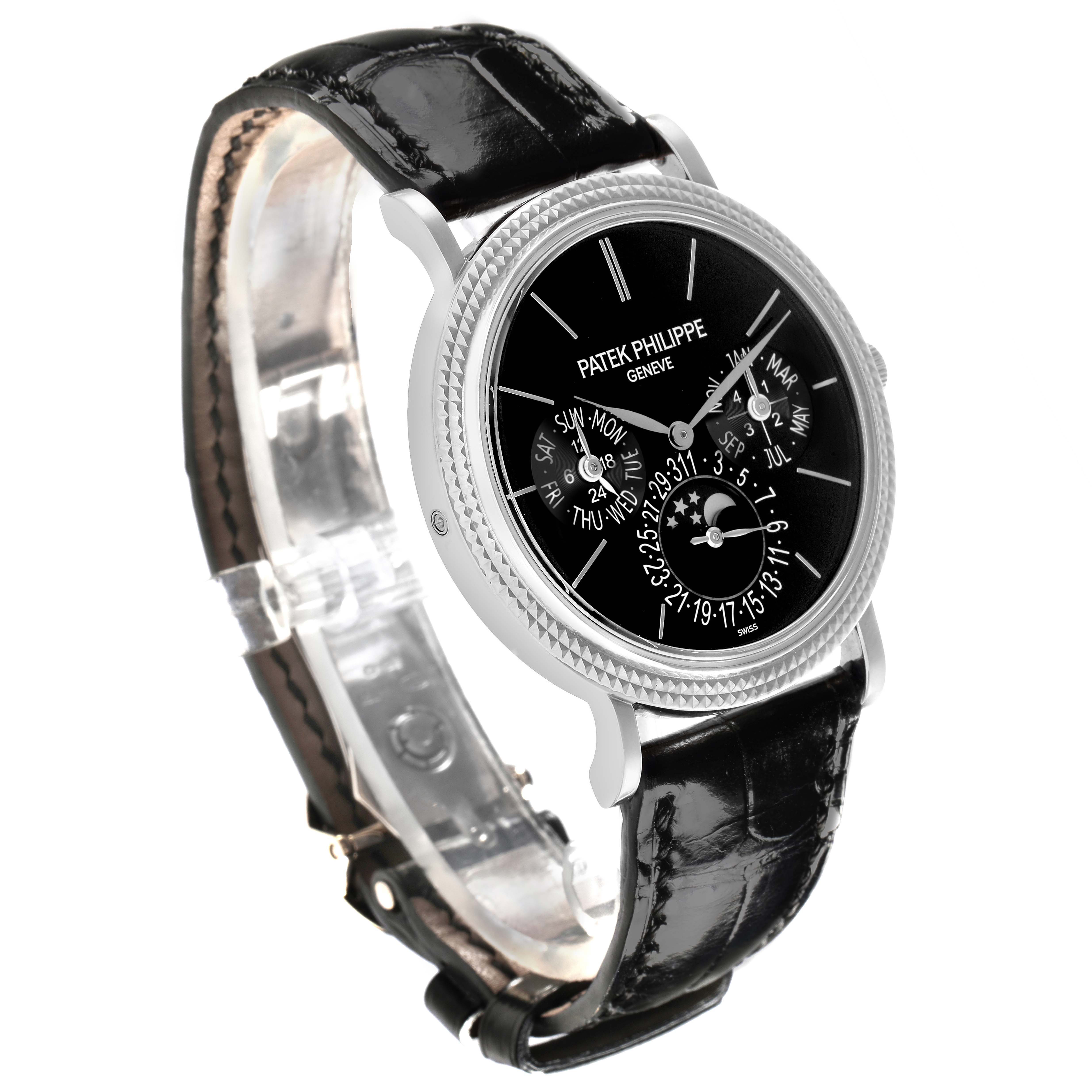 The Patek Philippe Complications 5139G Men's White Gold Black Dial 5139G Men's White Gold Black Dial watch is shown at a three-quarter angle, highlighting its black dial and leather strap.