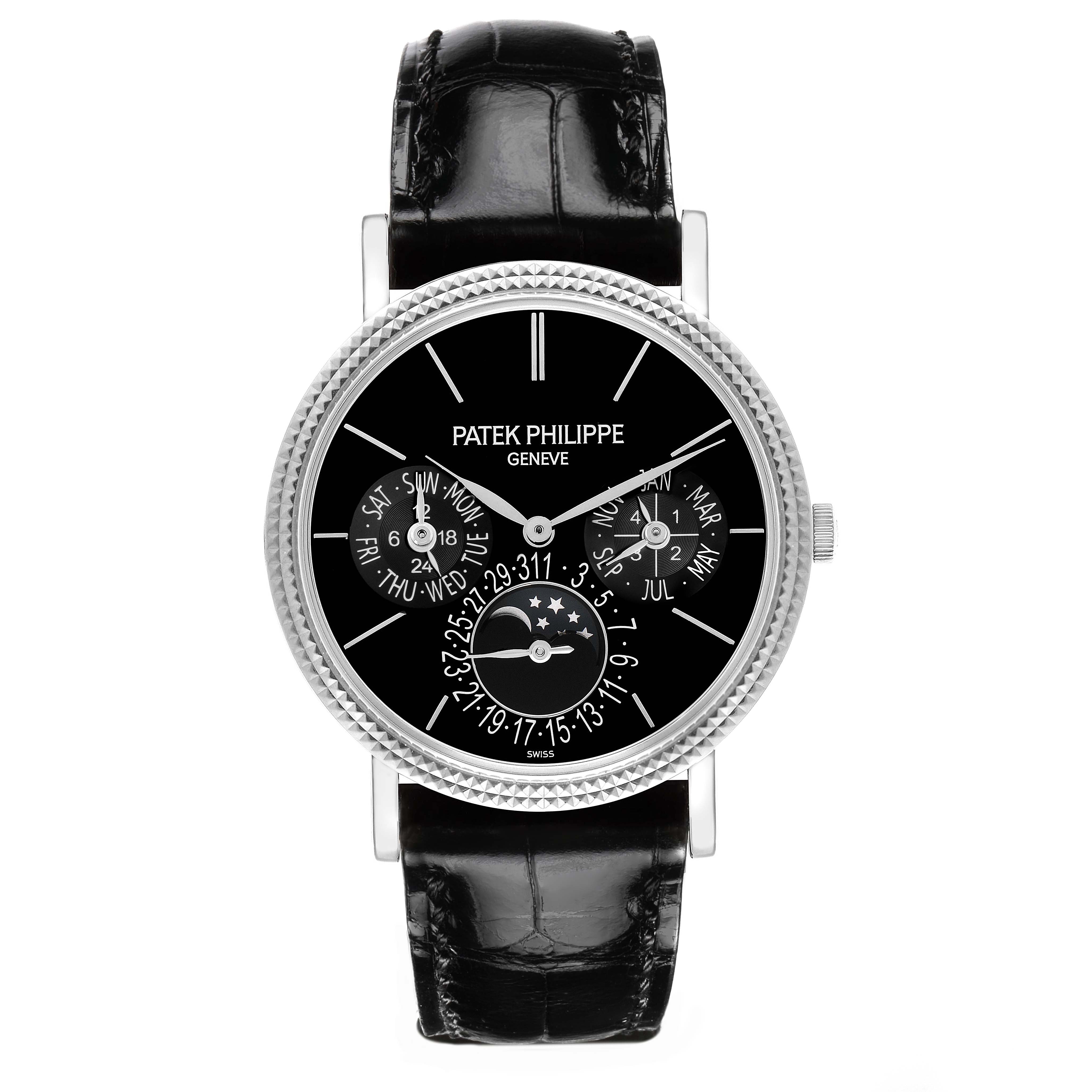 The Patek Philippe Complications 5139G Men's White Gold Black Dial 5139G Men's White Gold Black Dial model is shown from the front, displaying the watch face and complications with a black leather strap.