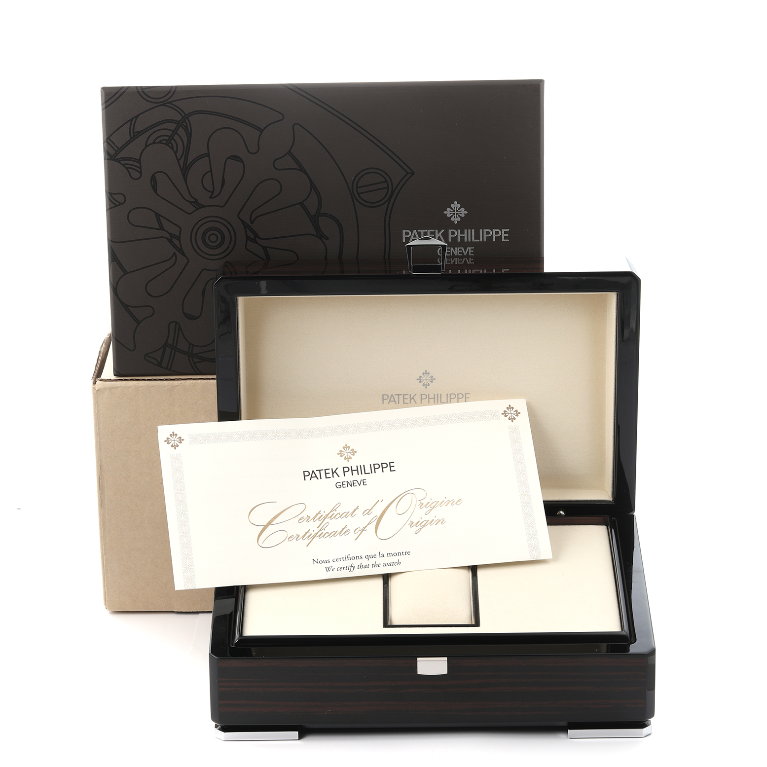 The image shows the packaging and certificate for a Patek Philippe Complications 5139G Men's White Gold Black Dial 5139G Men's White Gold Black Dial model, with an open watch box and certificate of origin.
