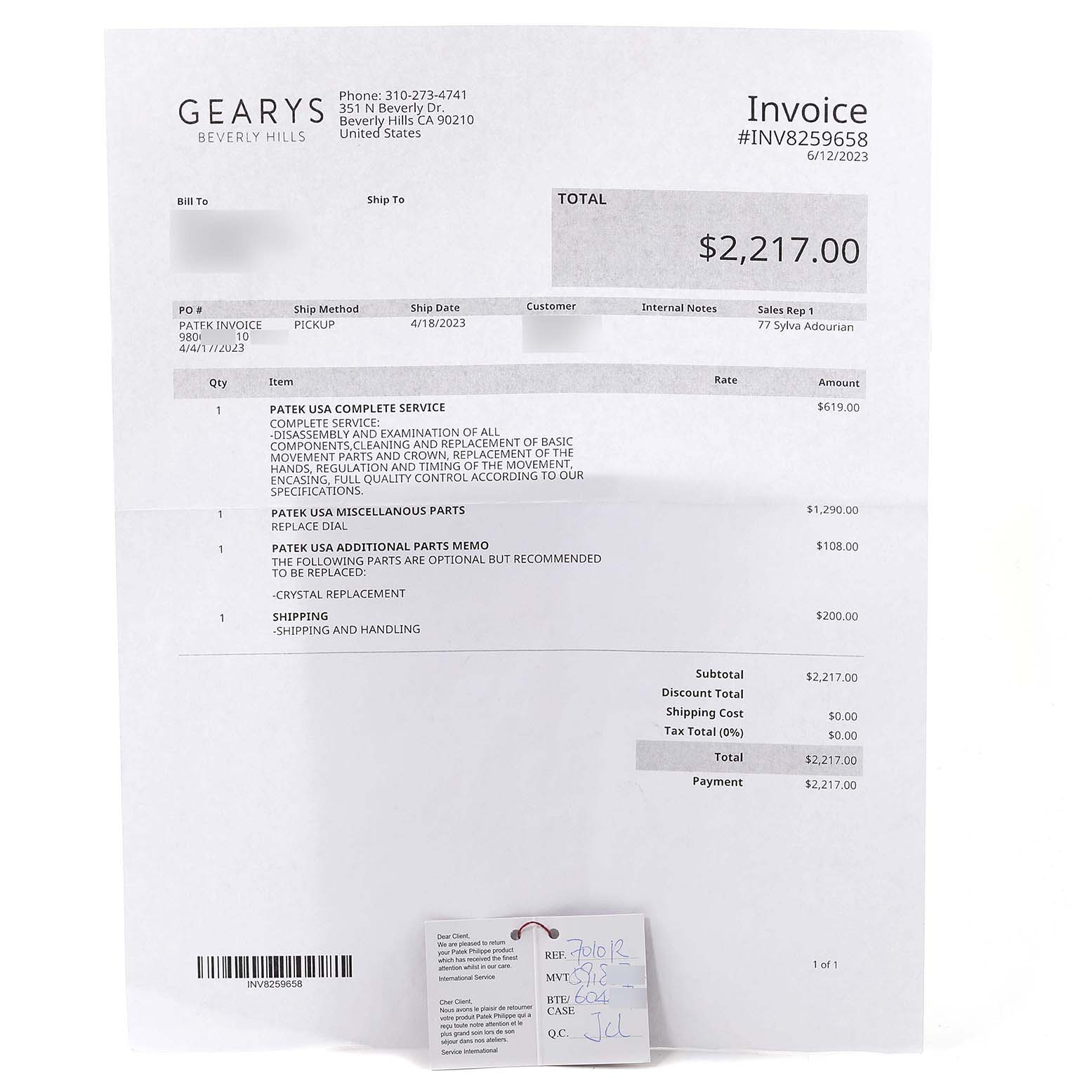 The image shows an invoice detailing services and parts replaced for a Patek Philippe Nautilus 7010R-012 Women's Rose Gold Champagne Dial 7010R-012 Women's Rose Gold Champagne Dial watch.