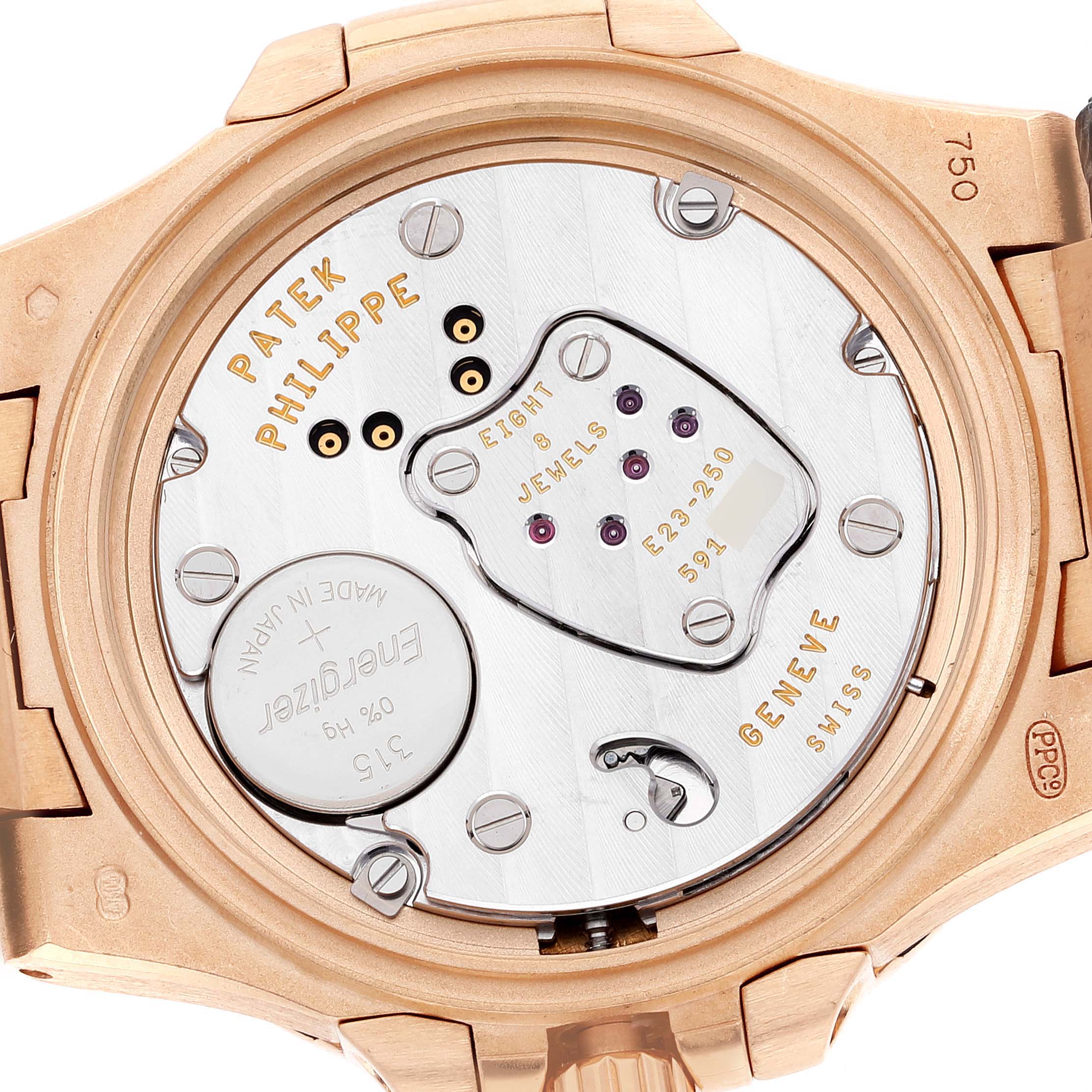 This image shows the caseback of a Patek Philippe Nautilus 7010R-012 Women's Rose Gold Champagne Dial 7010R-012 Women's Rose Gold Champagne Dial watch, revealing its movement and inner components.