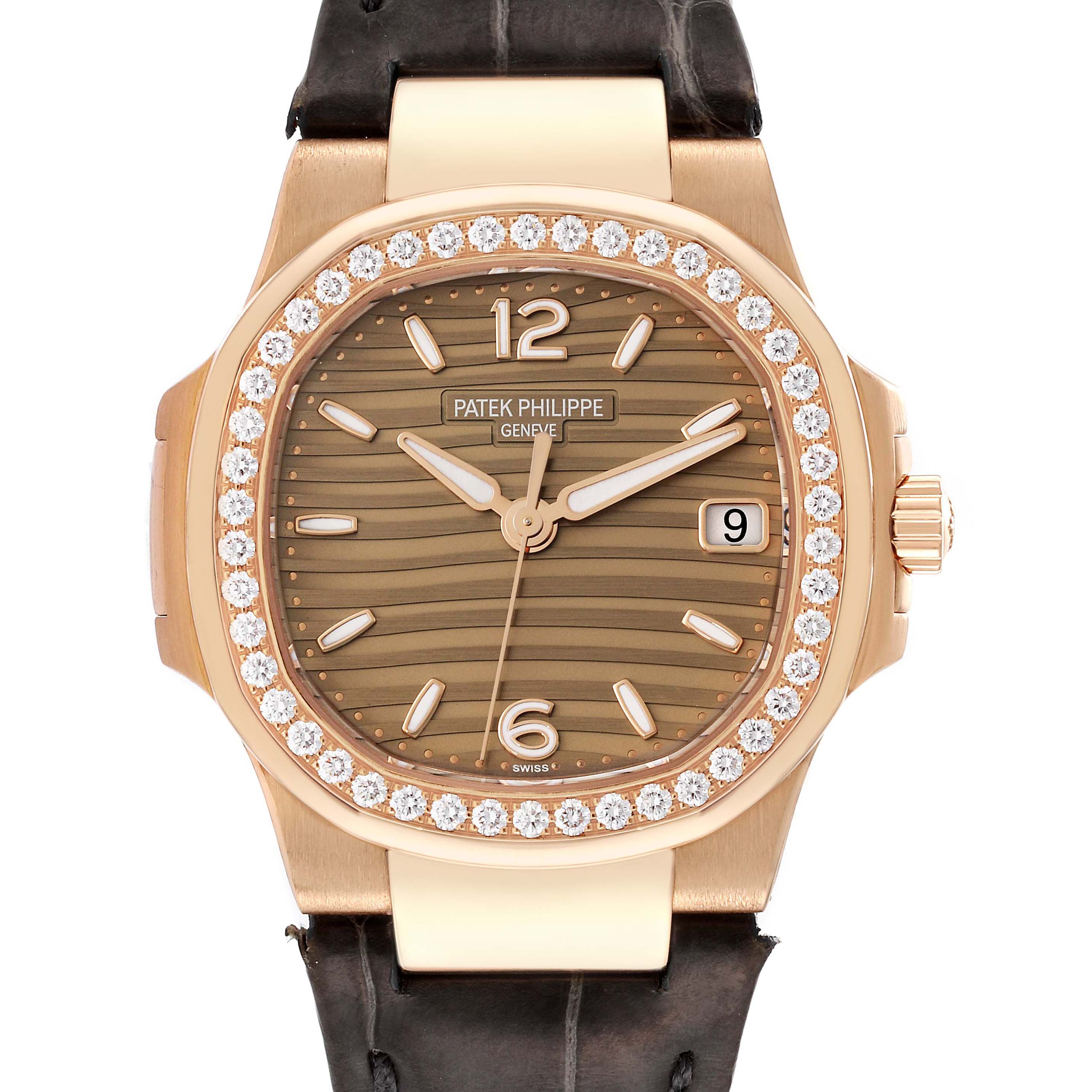 This is a front view of a Patek Philippe Nautilus 7010R-012 Women's Rose Gold Champagne Dial 7010R-012 Women's Rose Gold Champagne Dial watch showcasing the dial, bezel, and crown.
