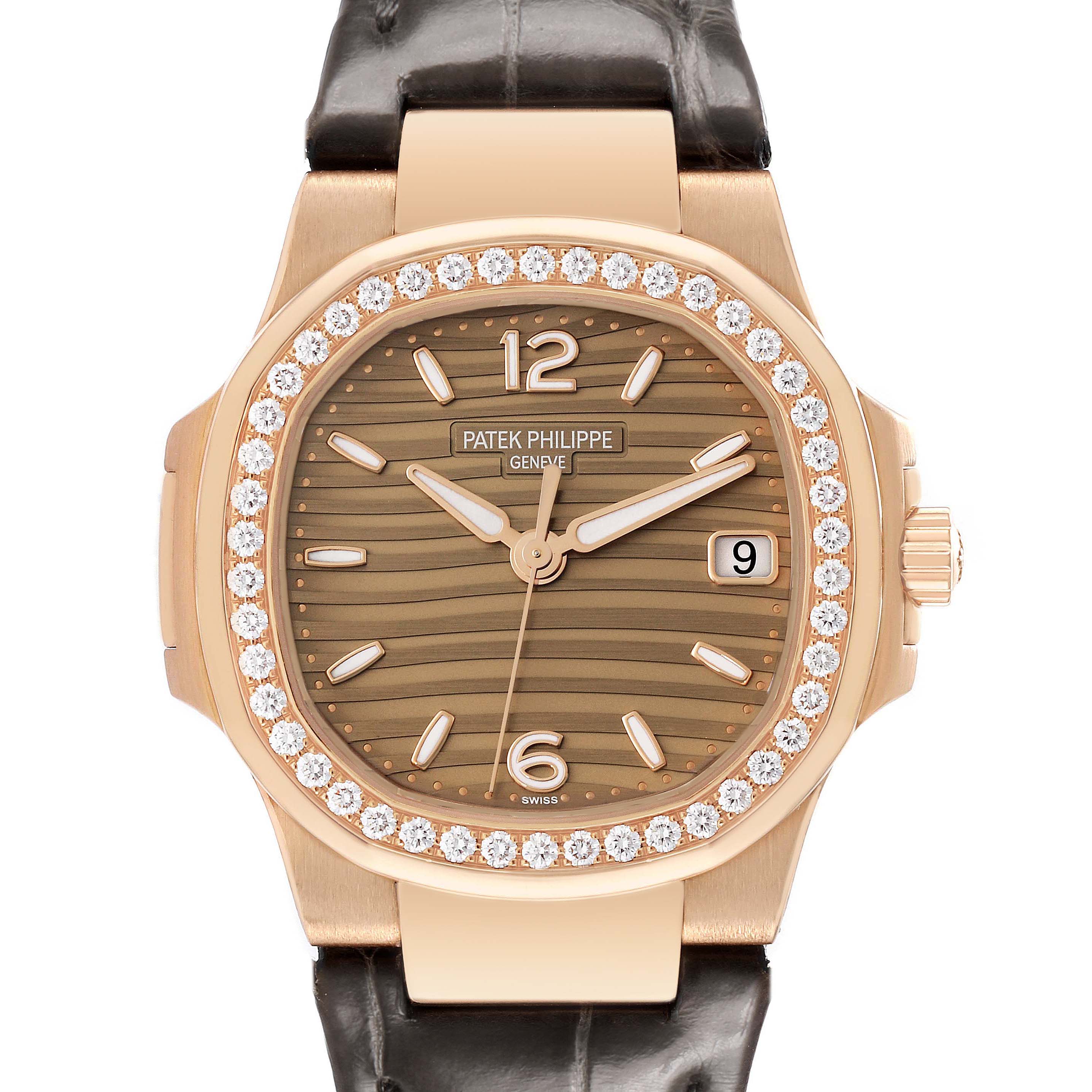 The Patek Philippe Nautilus 7010R-012 Women's Rose Gold Champagne Dial watch is shown from the front, featuring a diamond-set bezel, brown dial, and leather strap.