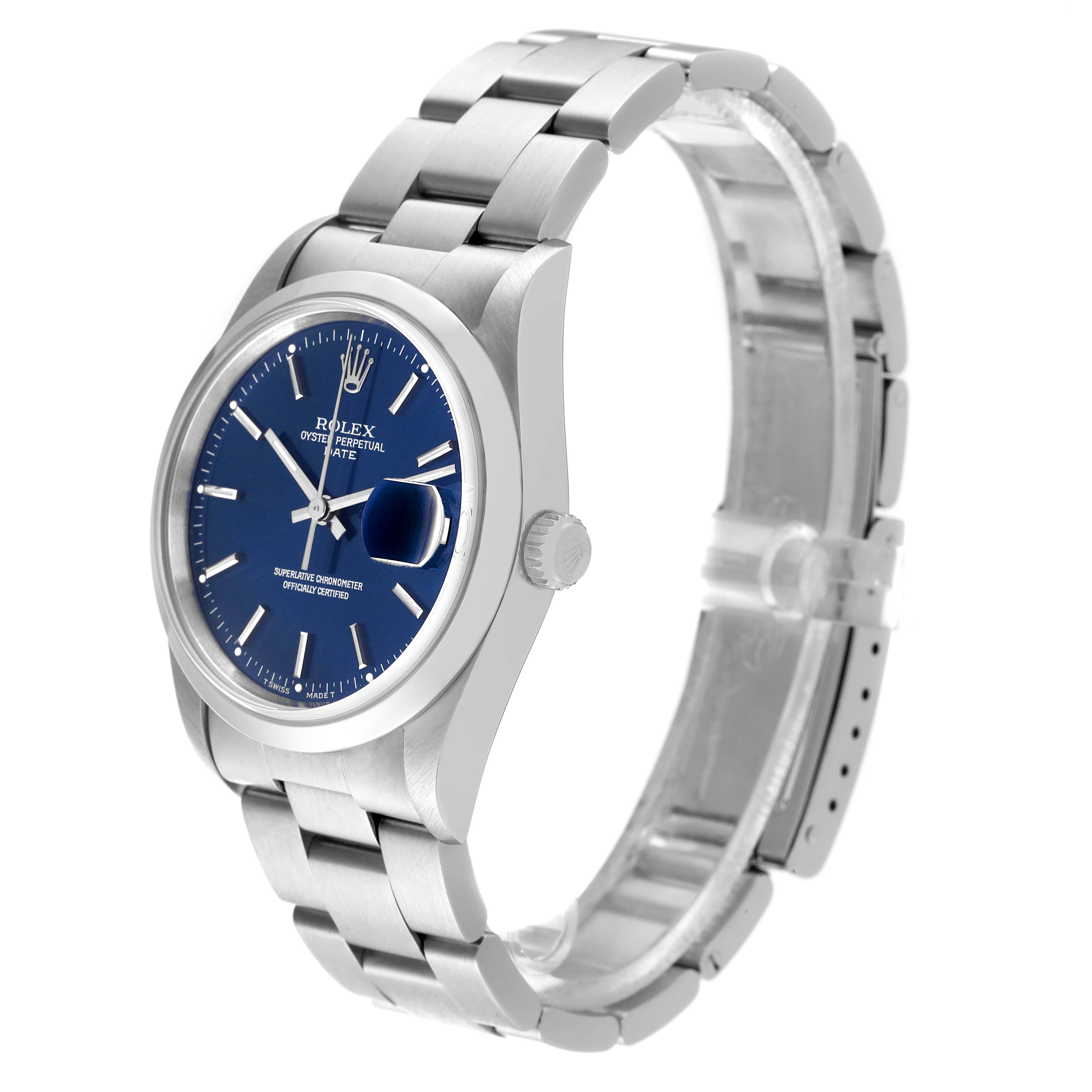 The image shows a Rolex Date 15200 Men's Stainless Steel Blue Dial 15200 Men's Stainless Steel Blue Dial model watch from a front angle, highlighting its blue dial, bracelet, and crown.